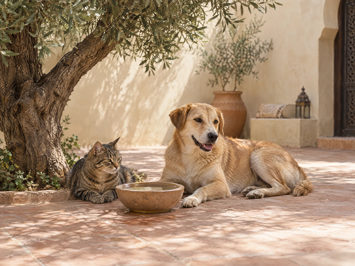 Illustrative scene of a cat and dog resting in a Moroccan courtyard