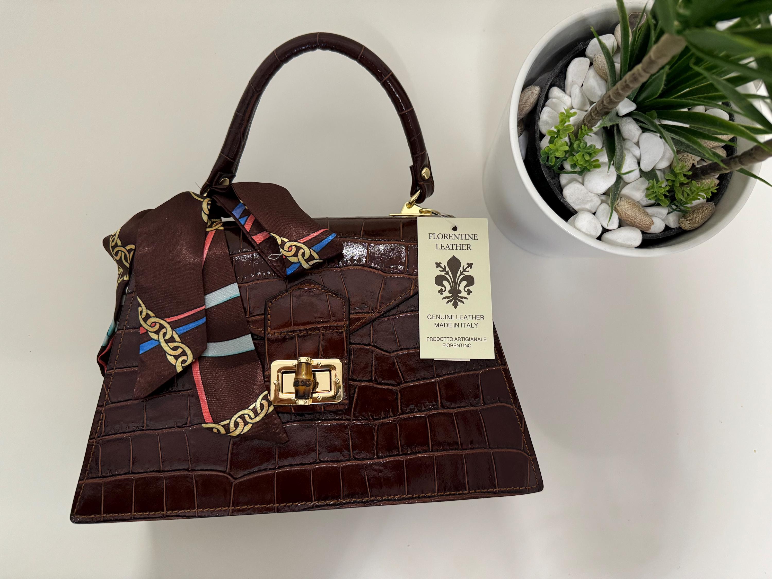Crocodile Embossed Italian Leather Handbag with Gold Chain - Elegant Brown Purse