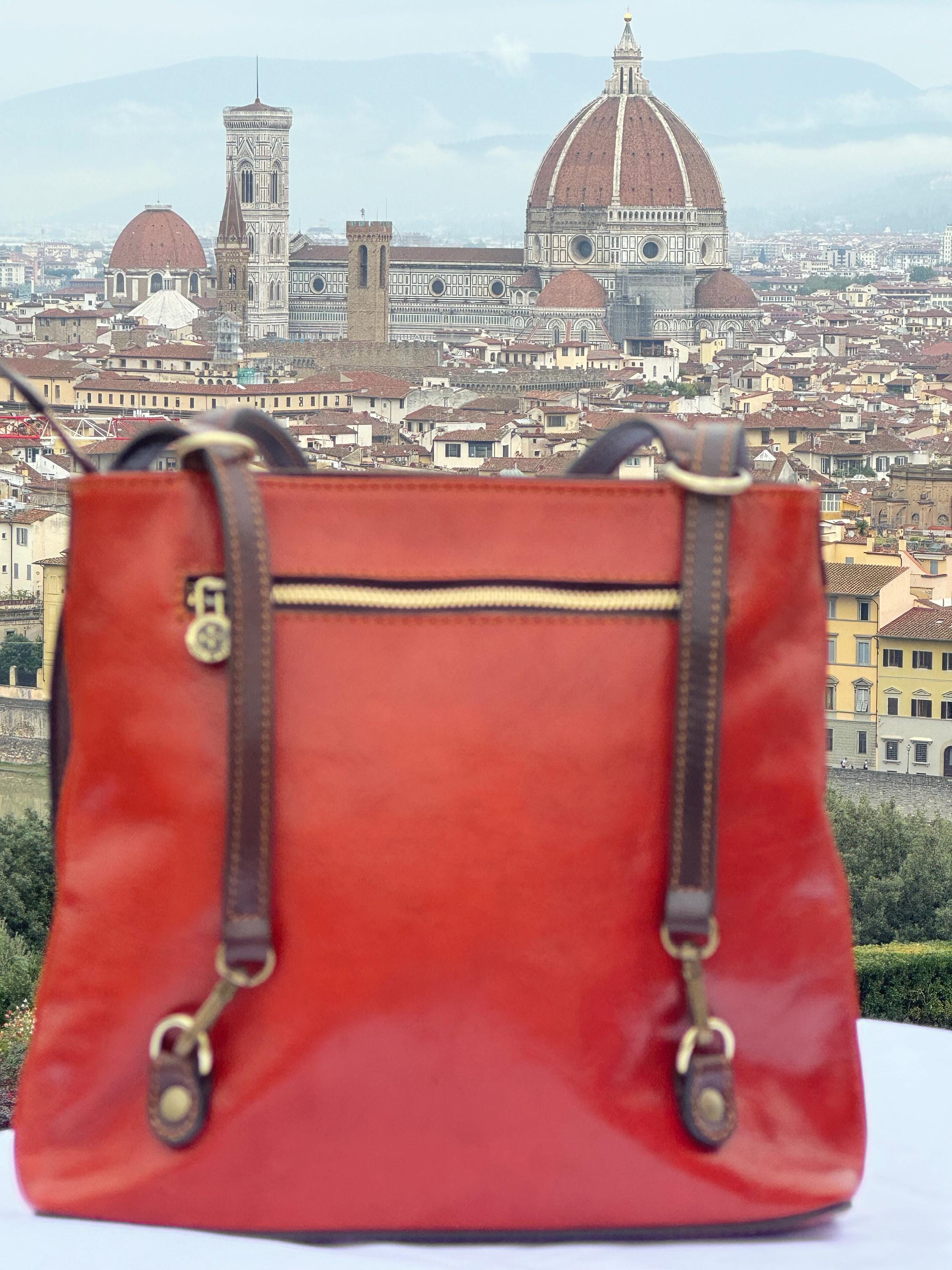 Italian Handmade Leather Bags For Women | Elegant Two-Tone Leather Tote From Florence, Caramel Bag, Made in Italy