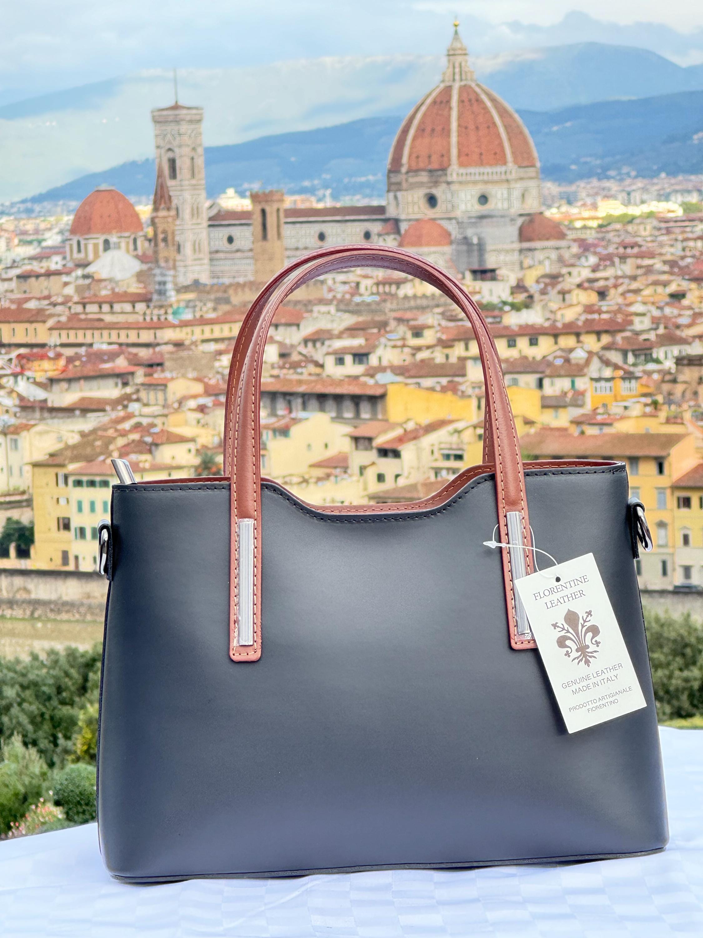 Elegant Italian Leather Handbag – Black with Brown Handles | Made in Italy