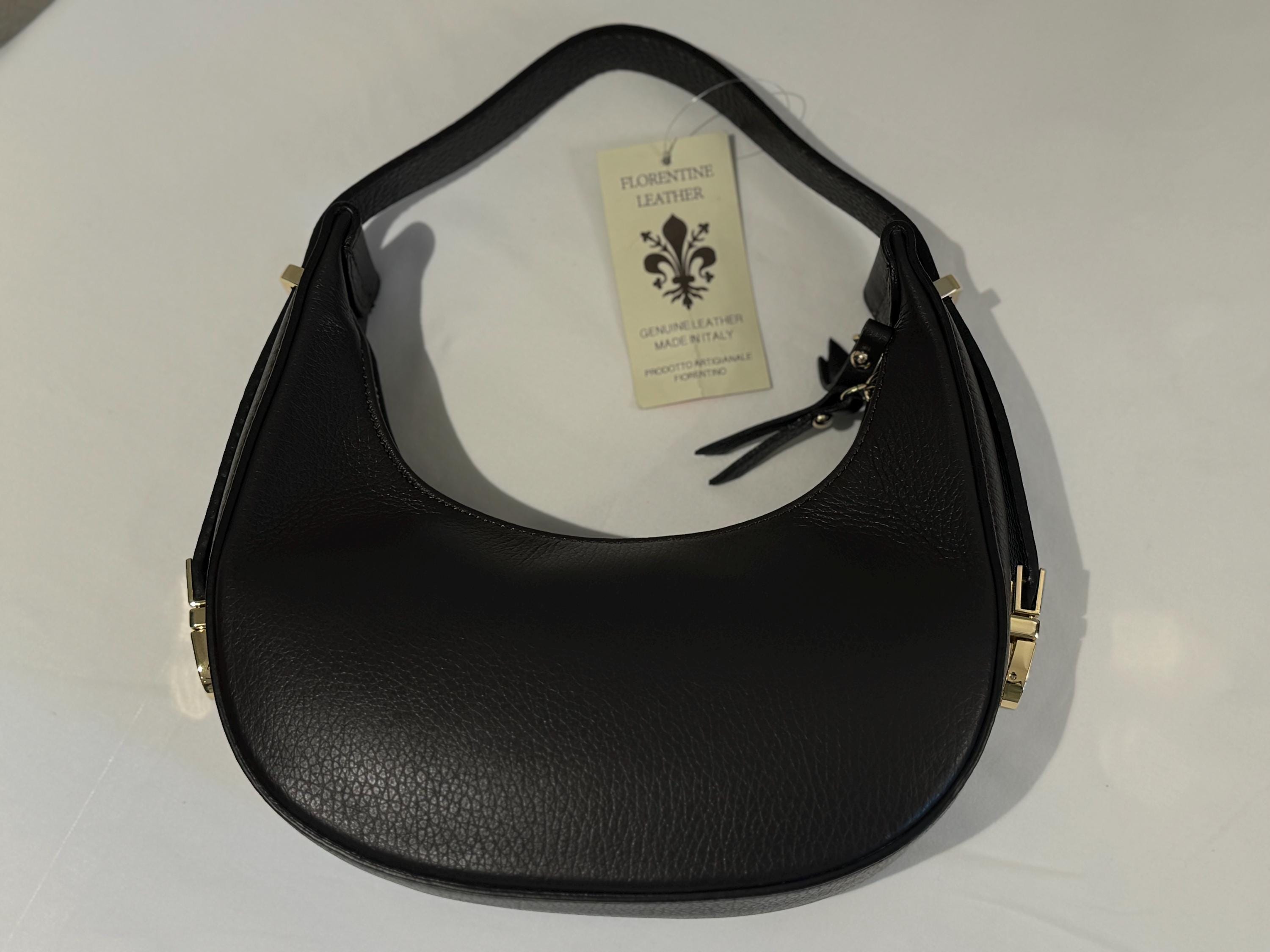 Italian Handmade Leather Bag for Women | Elegant Black Crescent Shoulder Bag from Florence | Gold Hardware | Made in Italy