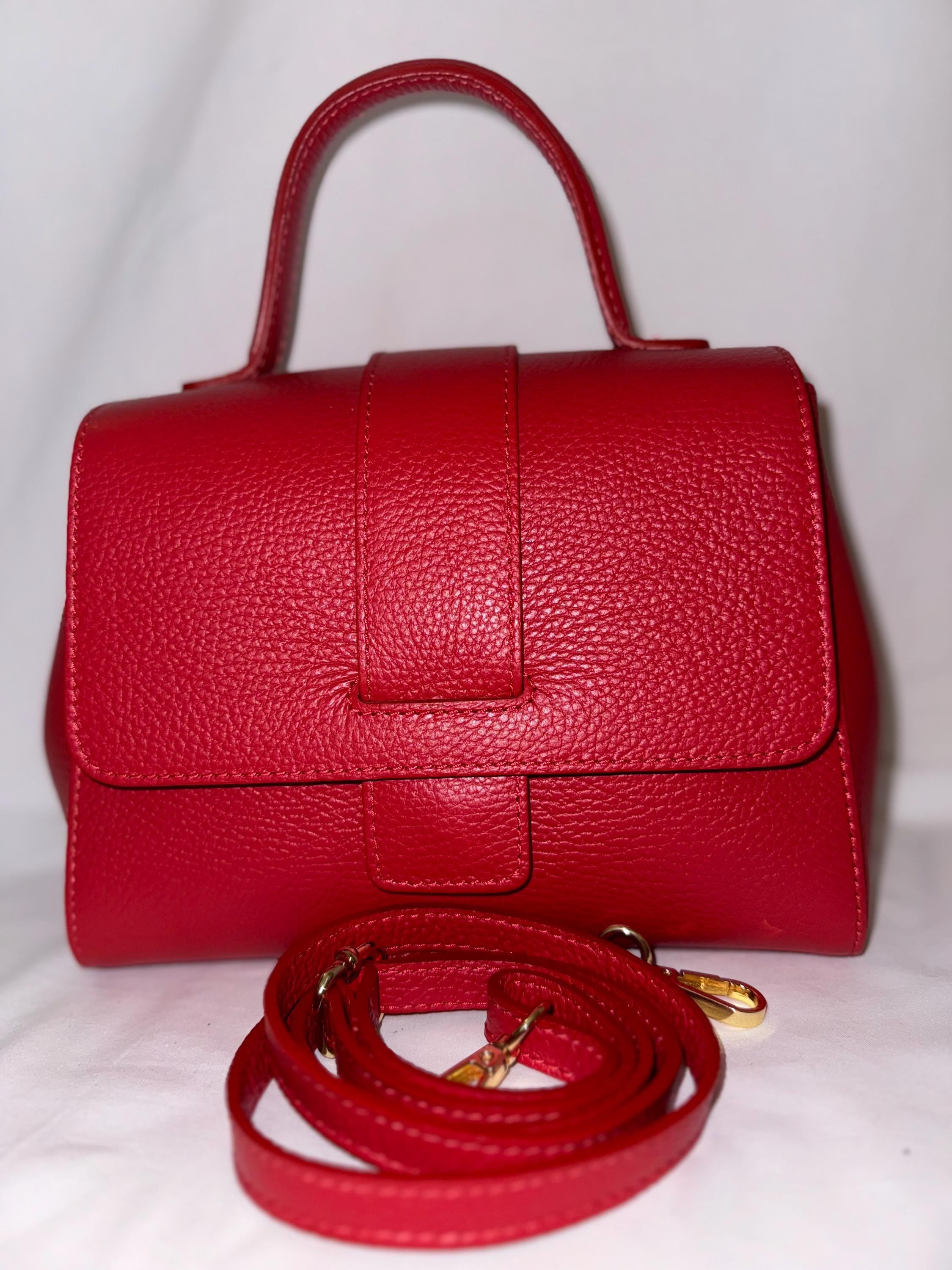 Italian Handmade Leather Bag For Women | Elegant Red Top-Handle Bag | Pebbled Leather | Made in Italy
