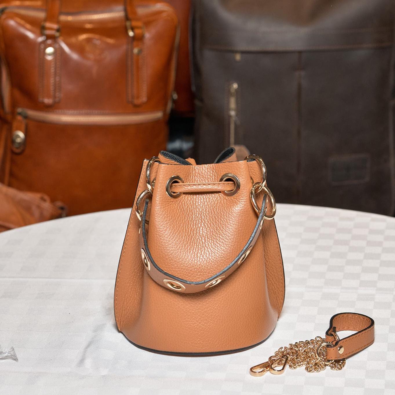 Italian Handmade Leather Bucket Bag | Elegant Caramel Brown with Gold Details | From Florence, Made in Italy
