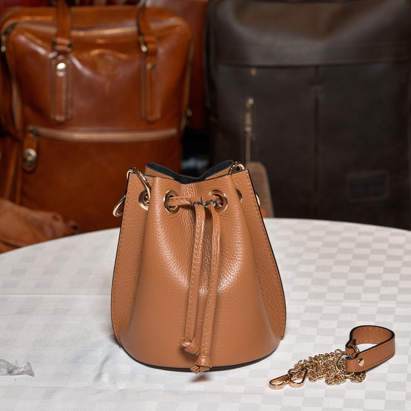 Italian Handmade Leather Bucket Bag | Elegant Caramel Brown with Gold Details | From Florence, Made in Italy