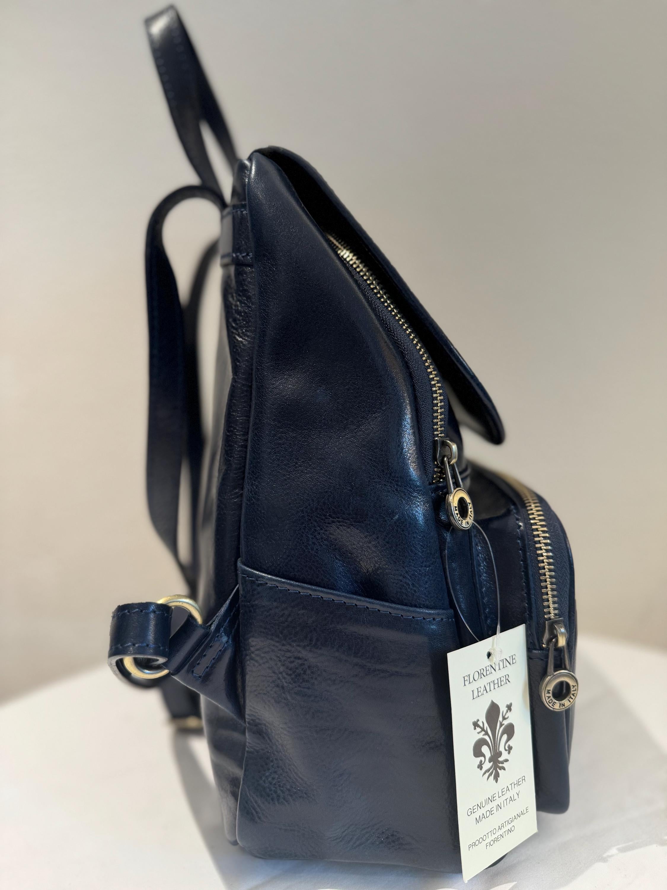 Italian Handmade Leather Backpack for Women | Elegant Leather Backpack from Florence, Navy Blue Bag, Made in Italy