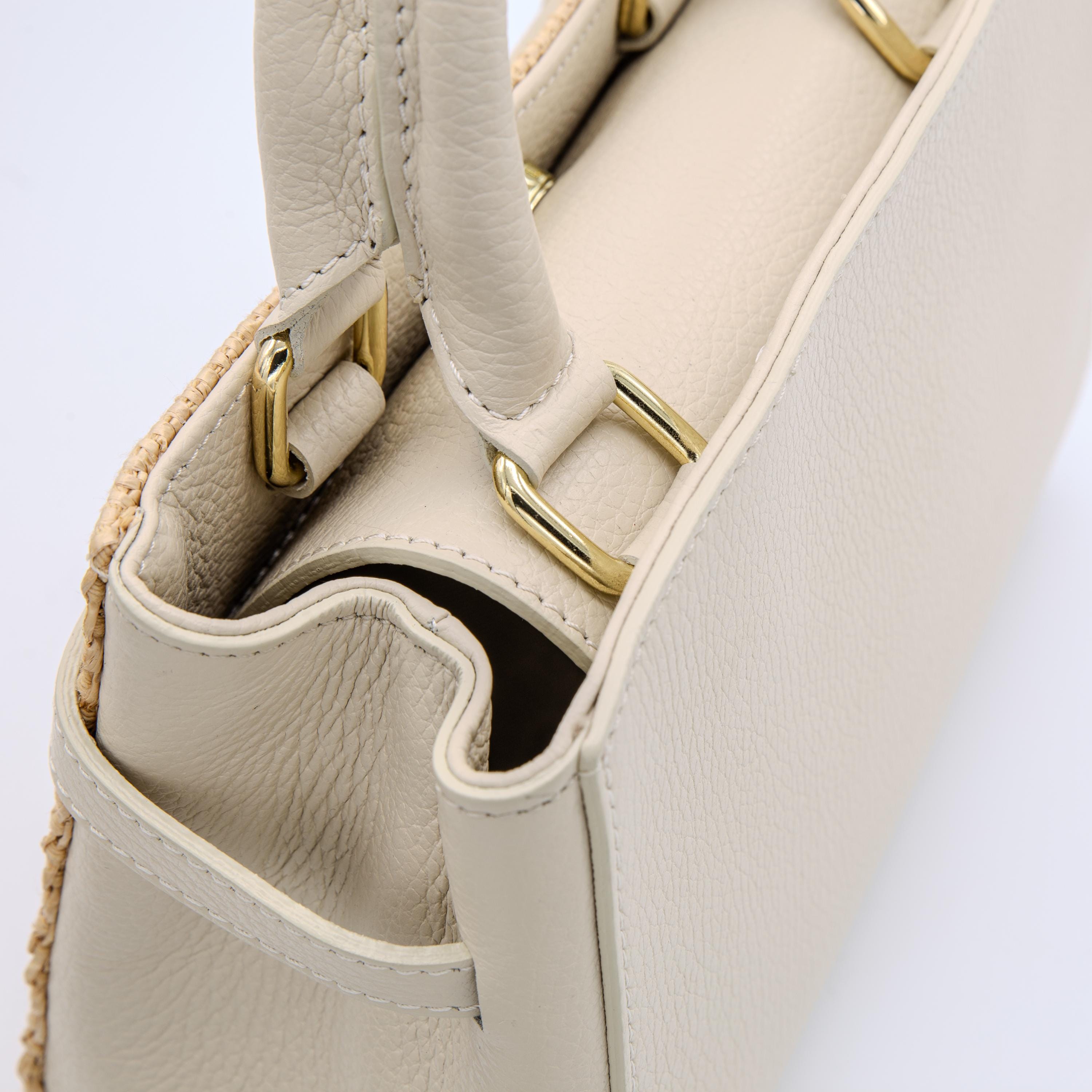 Italian Handmade Leather Bag for Women | Elegant Cream Leather & Raffia Tote From Florence | Summer Purse, Made in Italy