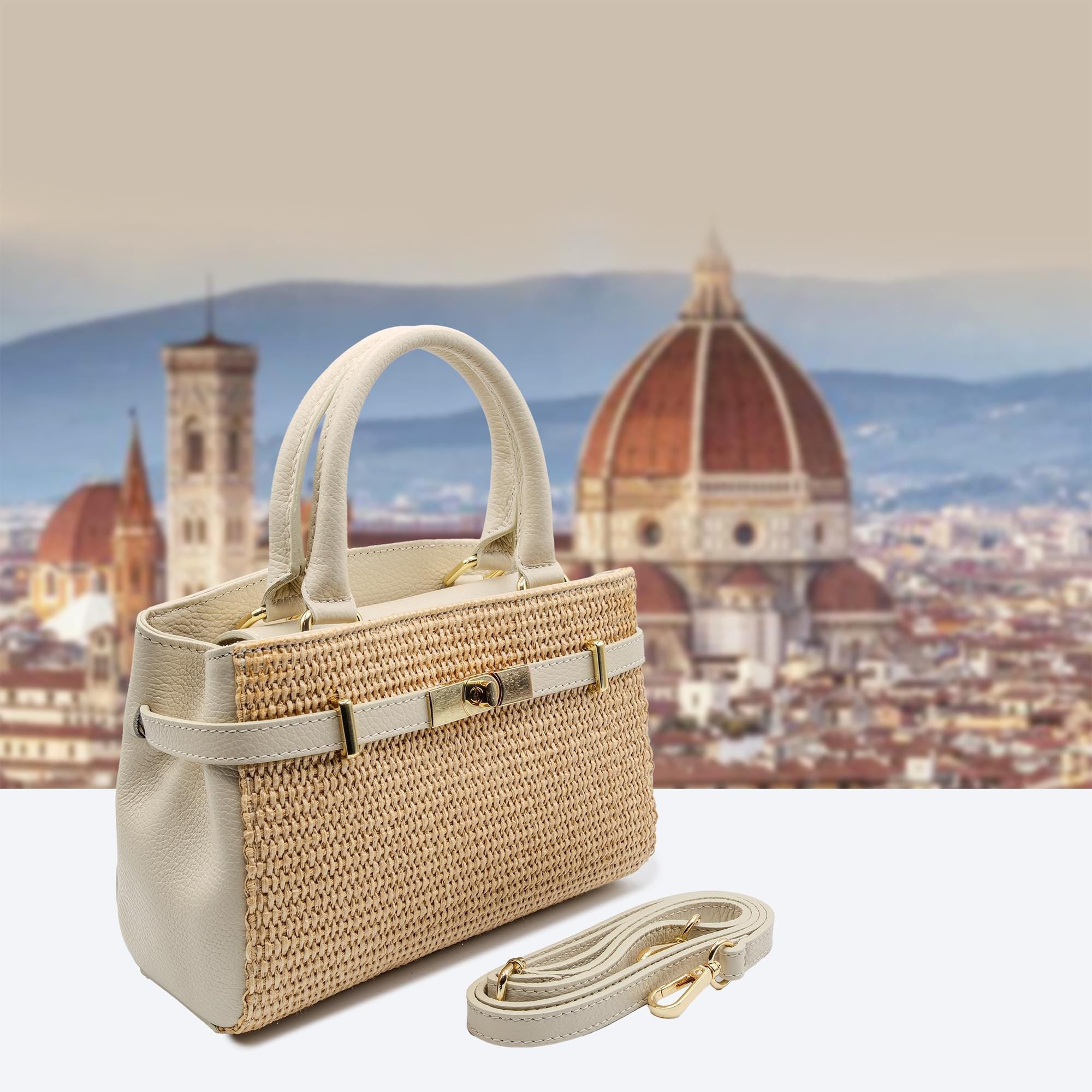 Italian Handmade Leather Bag for Women | Elegant Cream Leather & Raffia Tote From Florence | Summer Purse, Made in Italy