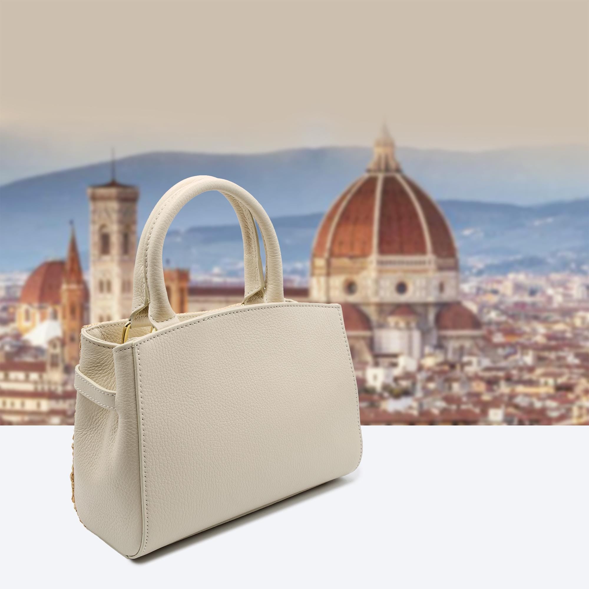 Italian Handmade Leather Bag for Women | Elegant Cream Leather & Raffia Tote From Florence | Summer Purse, Made in Italy