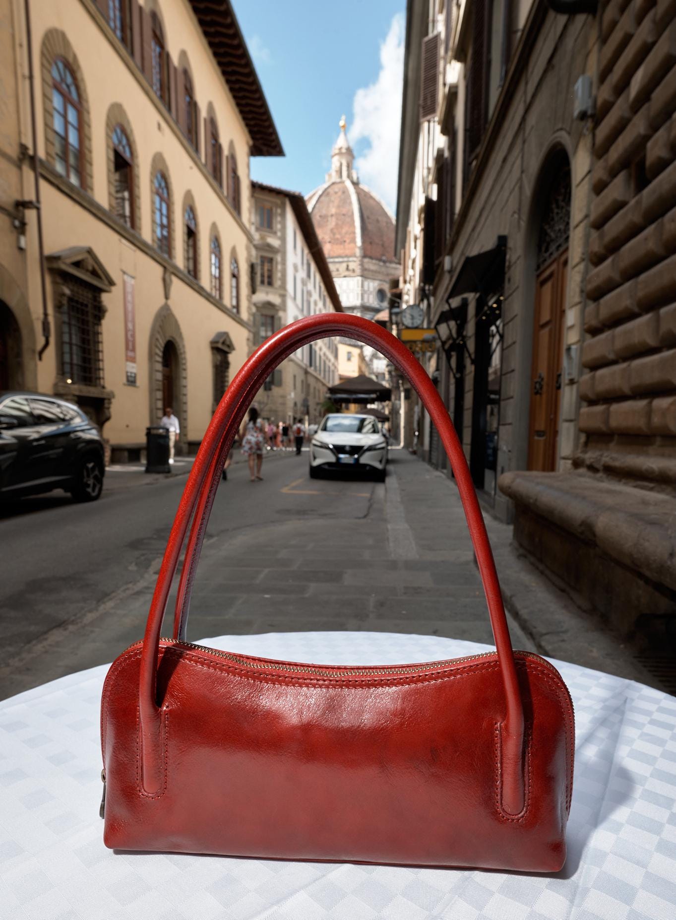 Italian Handmade Red Leather Handbag for Women , Elegant Vintage-Style Designer Bag from Florence Stylish Glossy Shoulder Purse