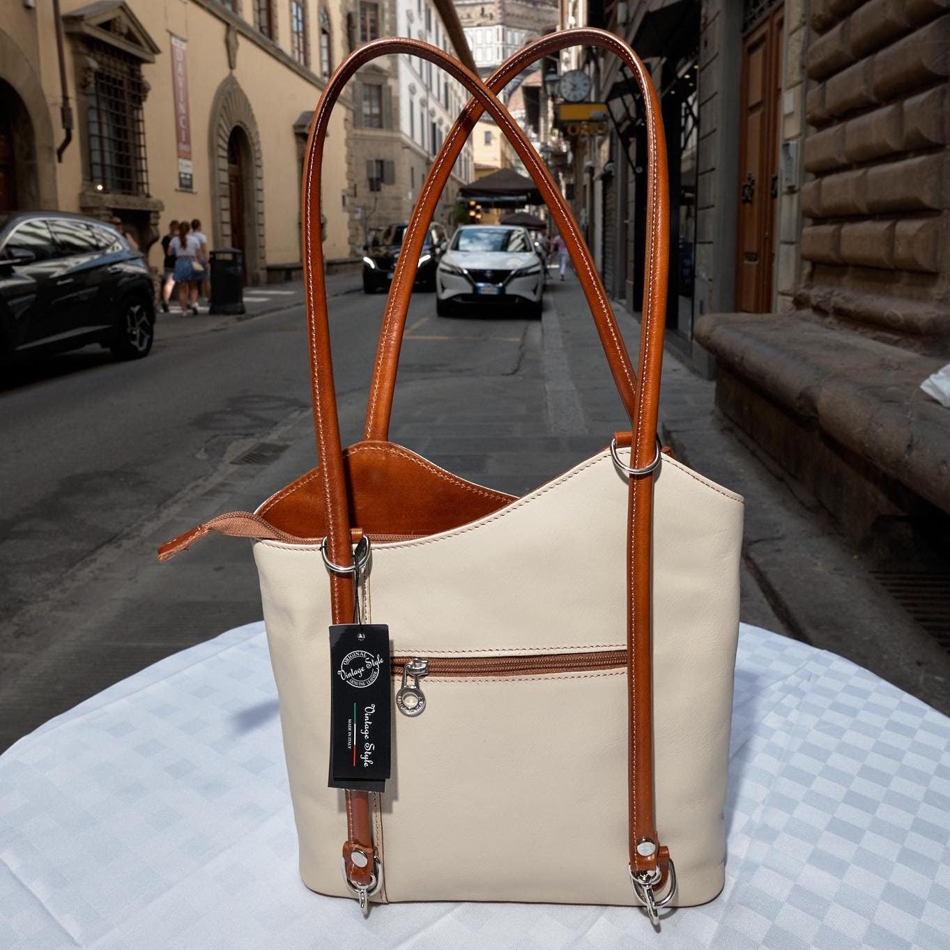 Italian Handmade Two-Tone Leather Tote Bag , Elegant Cream and Caramel Designer Bag from Florence ,Premium Braided Strap Handbag