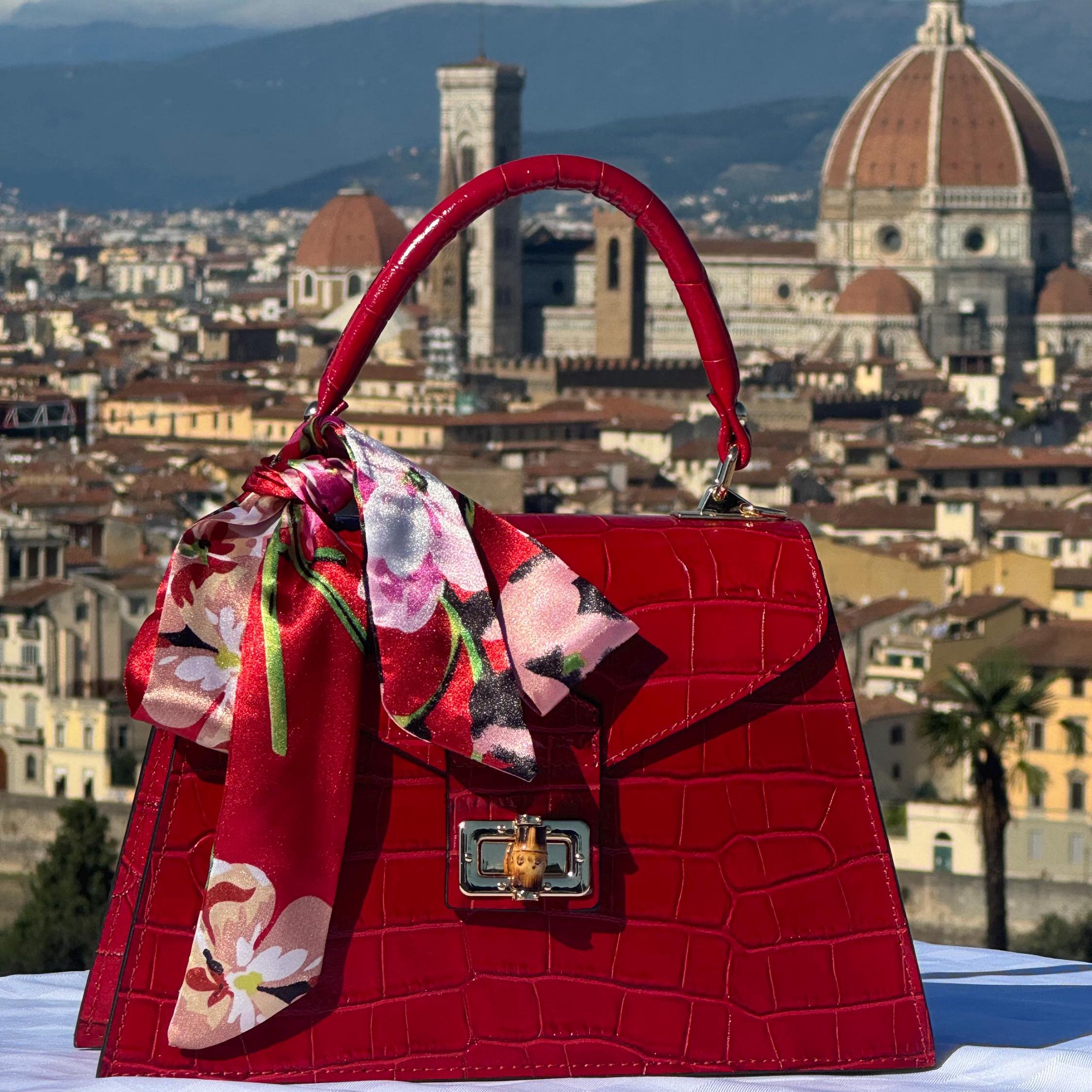 Elegant Italian Red Leather Croc-Embossed Handbag with Floral Scarf – Made in Italy Florence