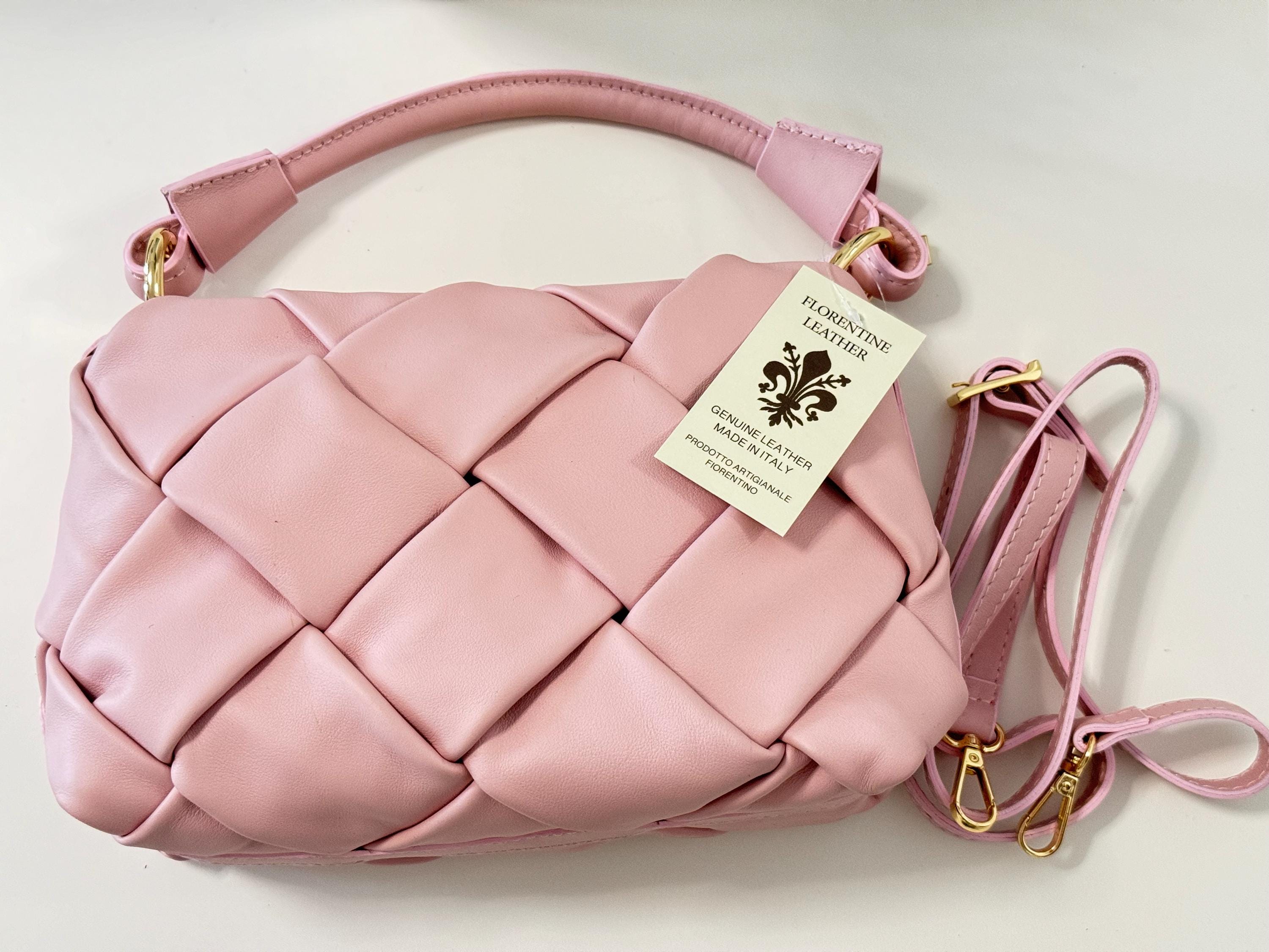 Elegant Italian Soft Leather Pink Woven Bag Women from Florence