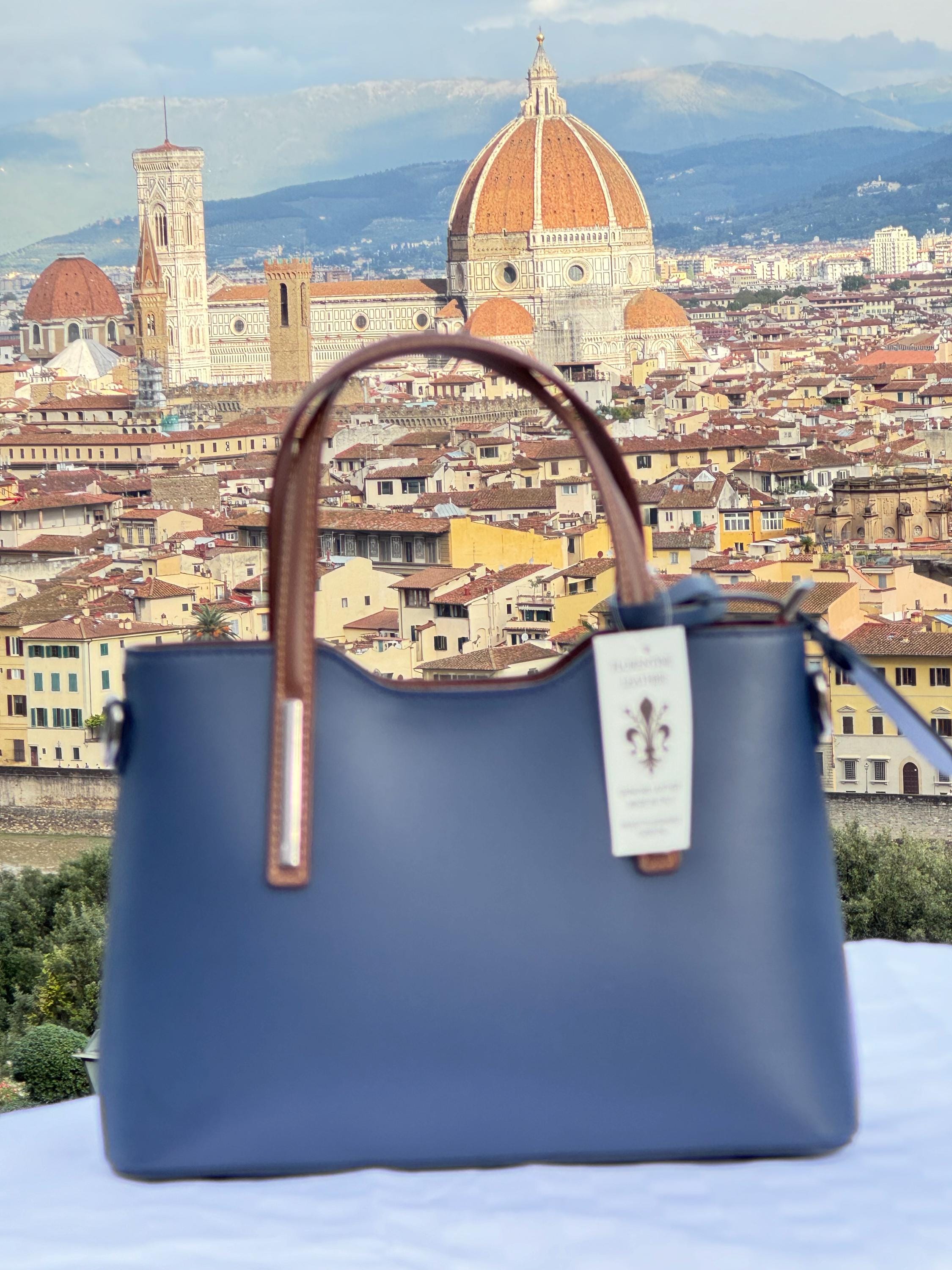 Elegant Italian Leather Handbag | Navy Blue Tote with Brown Handles - Chic Style from Florence