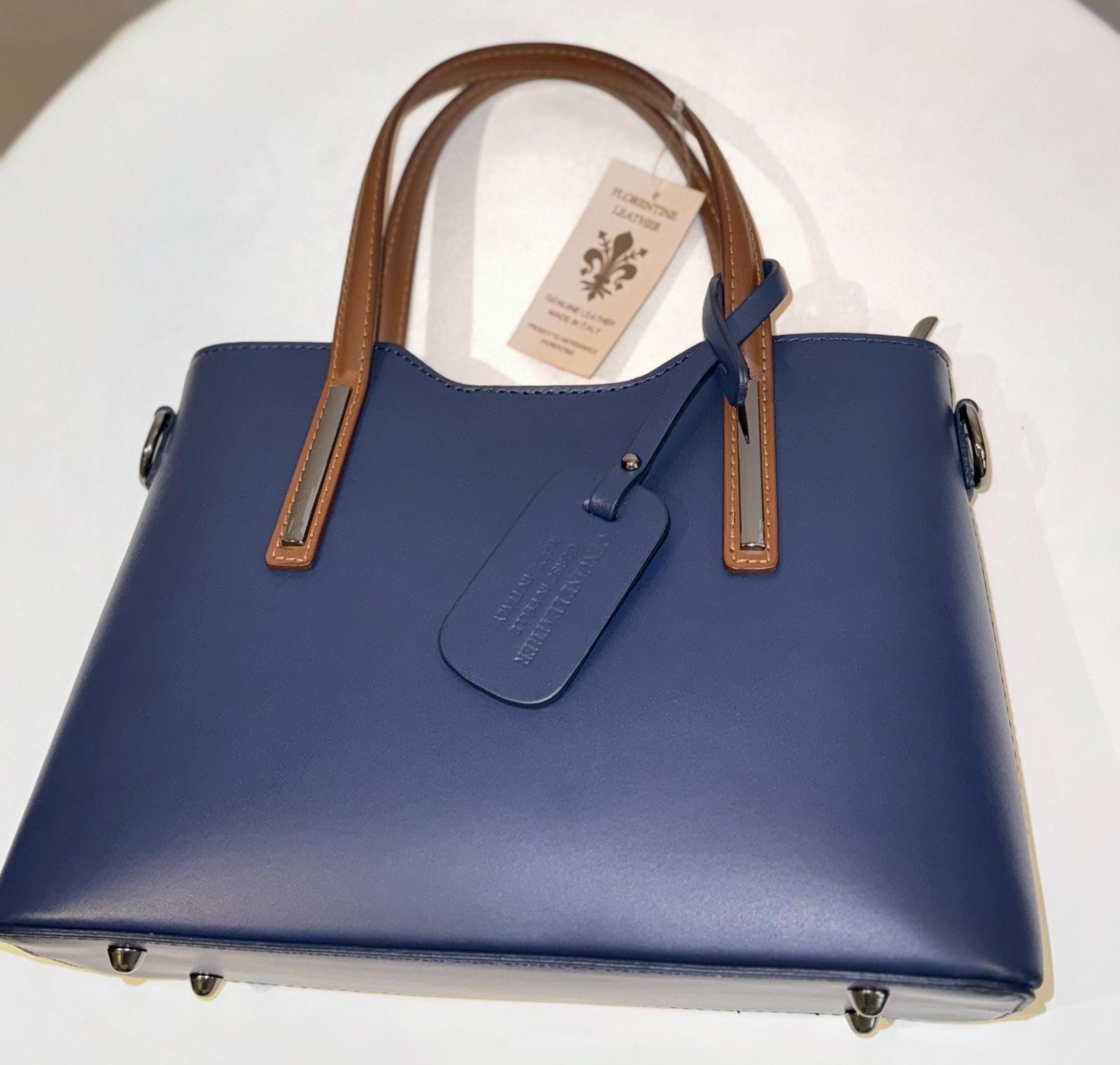 Elegant Italian Leather Handbag | Navy Blue Tote with Brown Handles - Chic Style from Florence