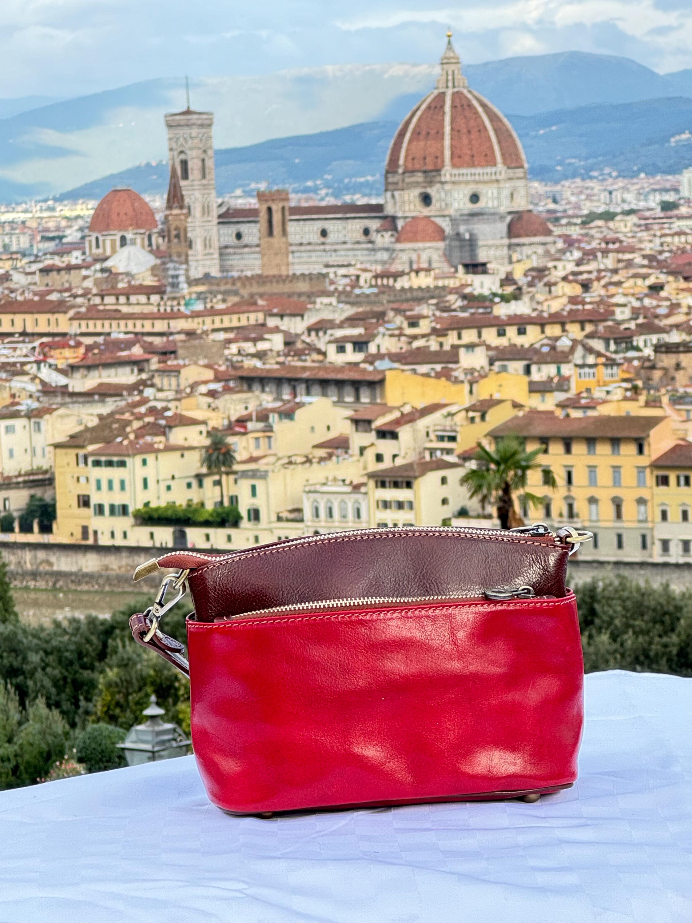 Italian Leather Crossbody Bag | Red and Brown Shoulder Bag | Handmade in Florence