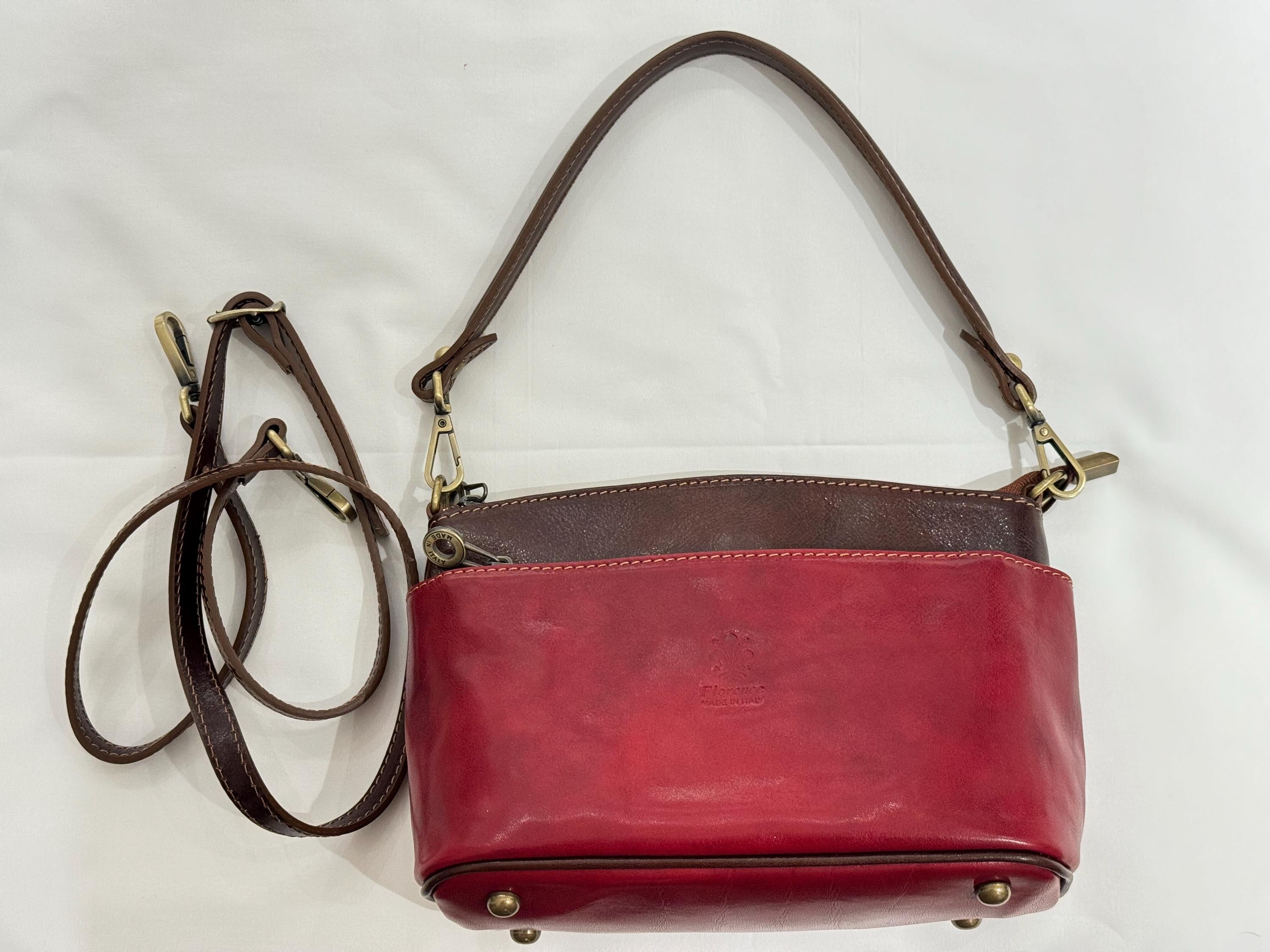 Italian Leather Crossbody Bag | Red and Brown Shoulder Bag | Handmade in Florence