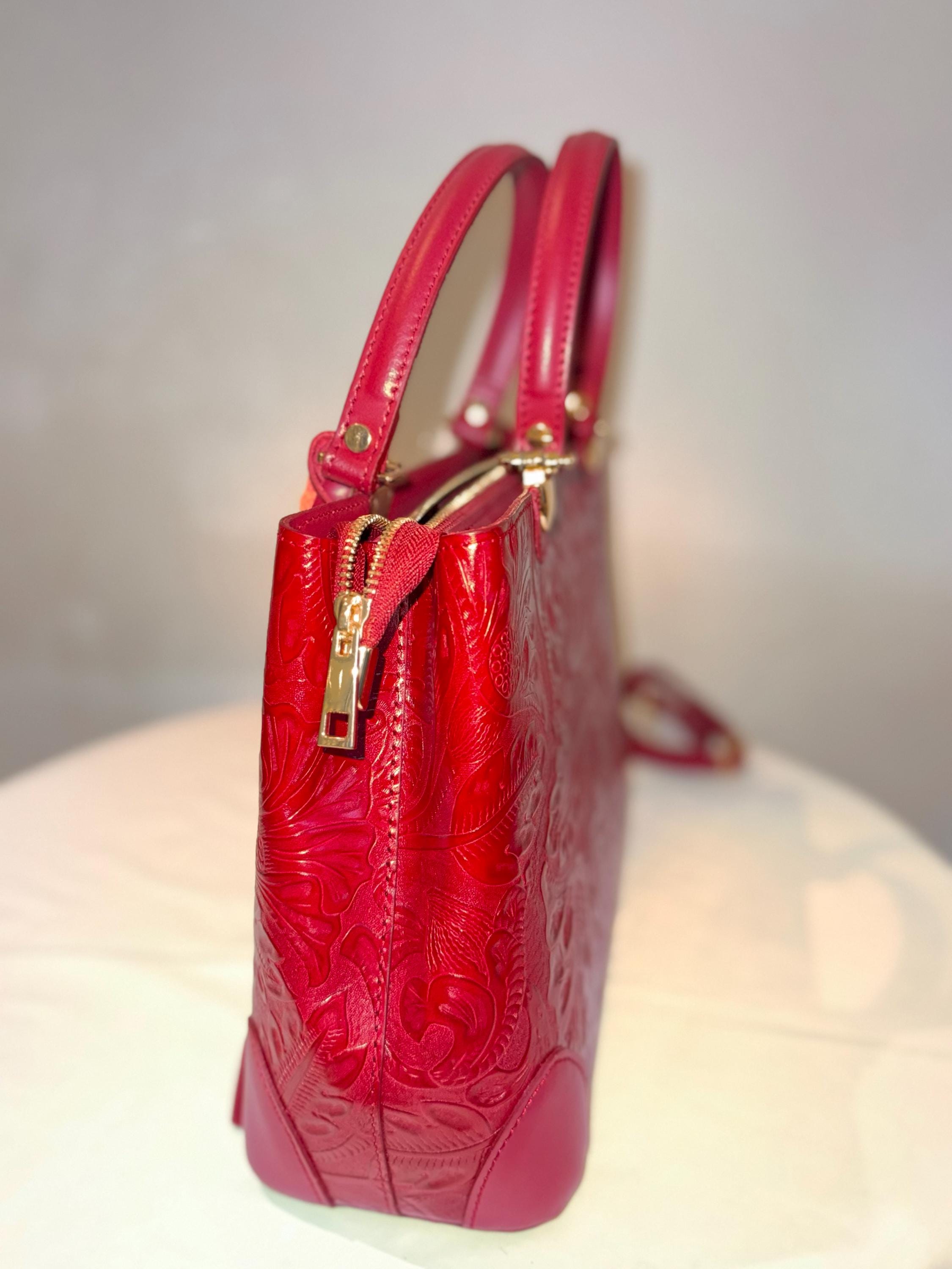 Elegant Flower Red Embossed Italian Leather Tote – Handcrafted in Florence –made in Italy