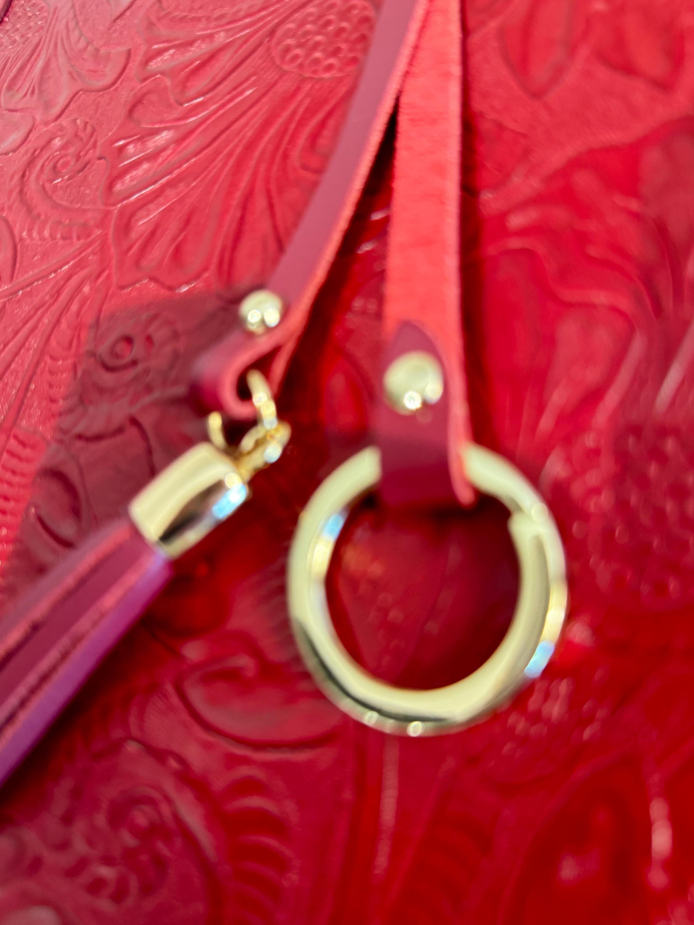 Elegant Flower Red Embossed Italian Leather Tote – Handcrafted in Florence –made in Italy