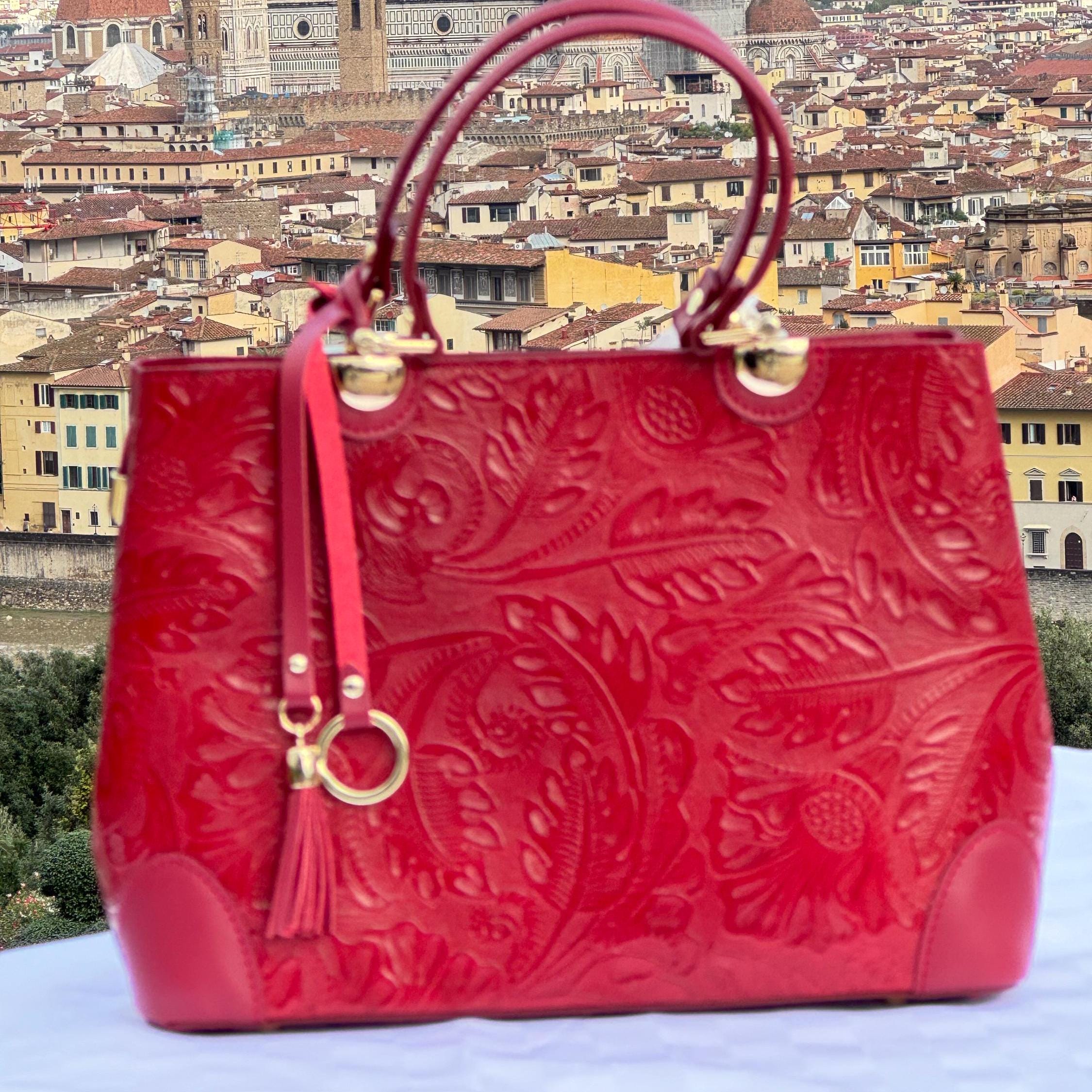 Elegant Flower Red Embossed Italian Leather Tote – Handcrafted in Florence –made in Italy