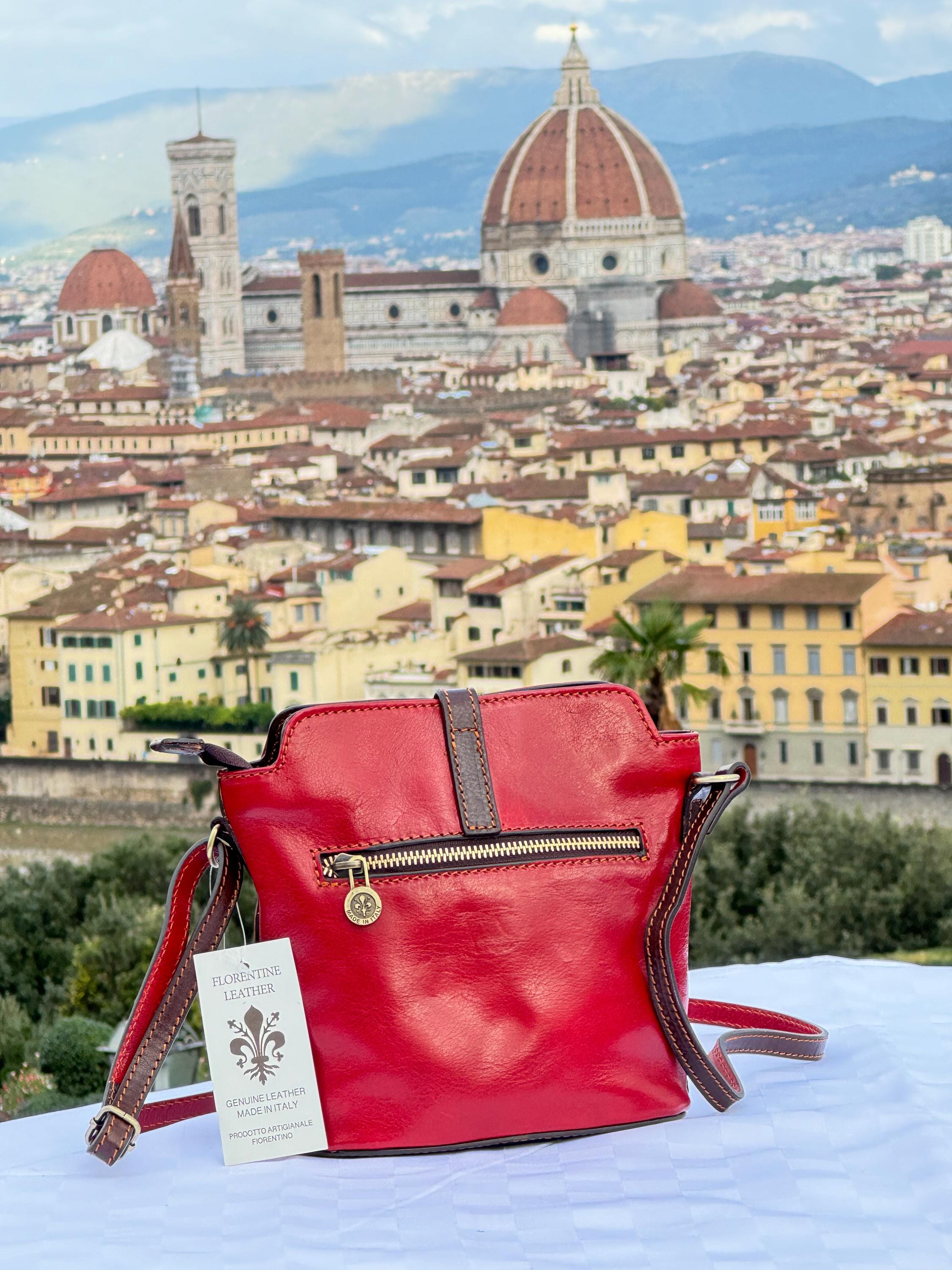 Handmade Italian Red Leather Crossbody Bag Women - Elegant Buckle Closure, Genuine Florentine made in Florence