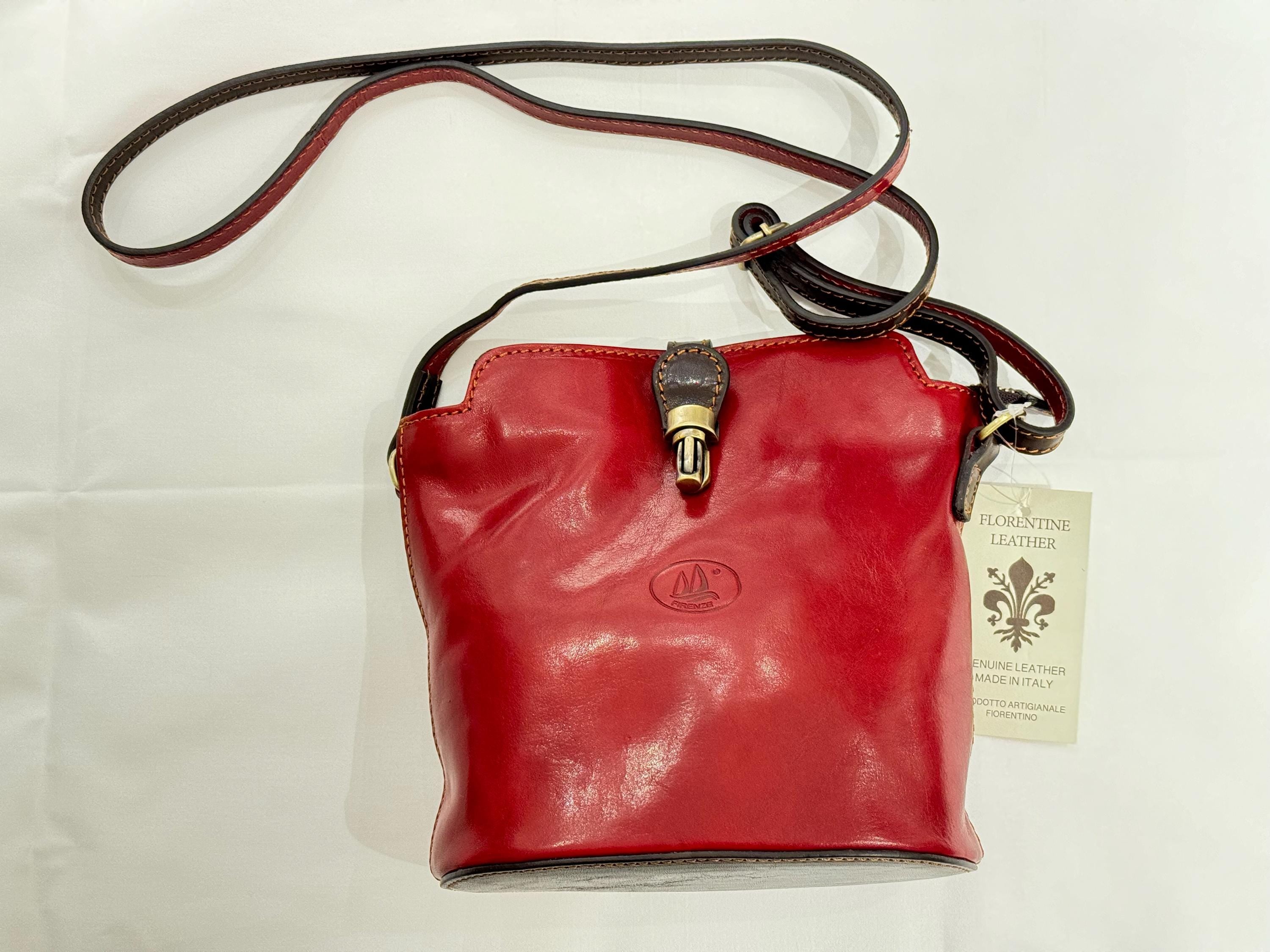 Handmade Italian Red Leather Crossbody Bag Women - Elegant Buckle Closure, Genuine Florentine made in Florence