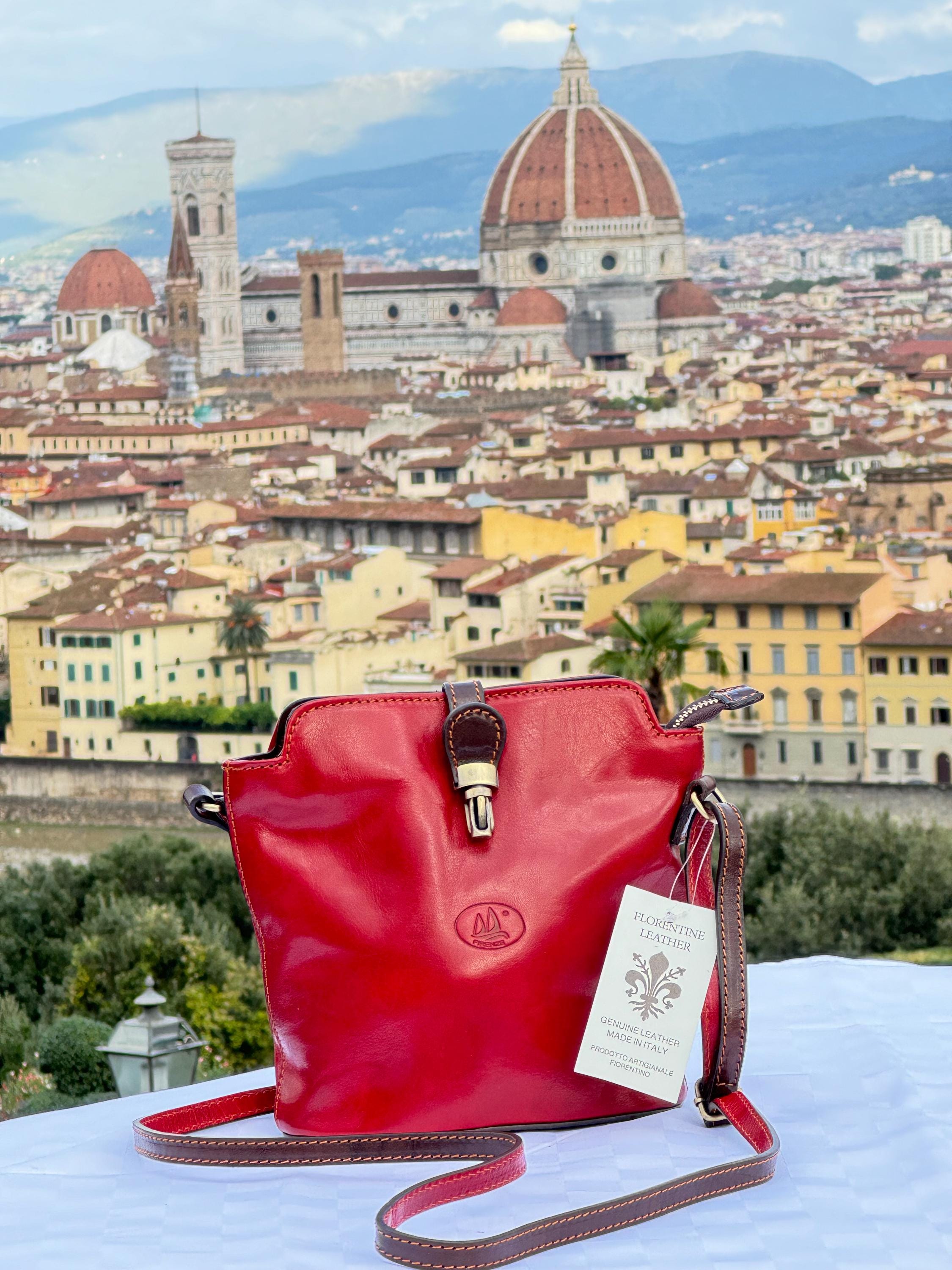 Handmade Italian Red Leather Crossbody Bag Women - Elegant Buckle Closure, Genuine Florentine made in Florence