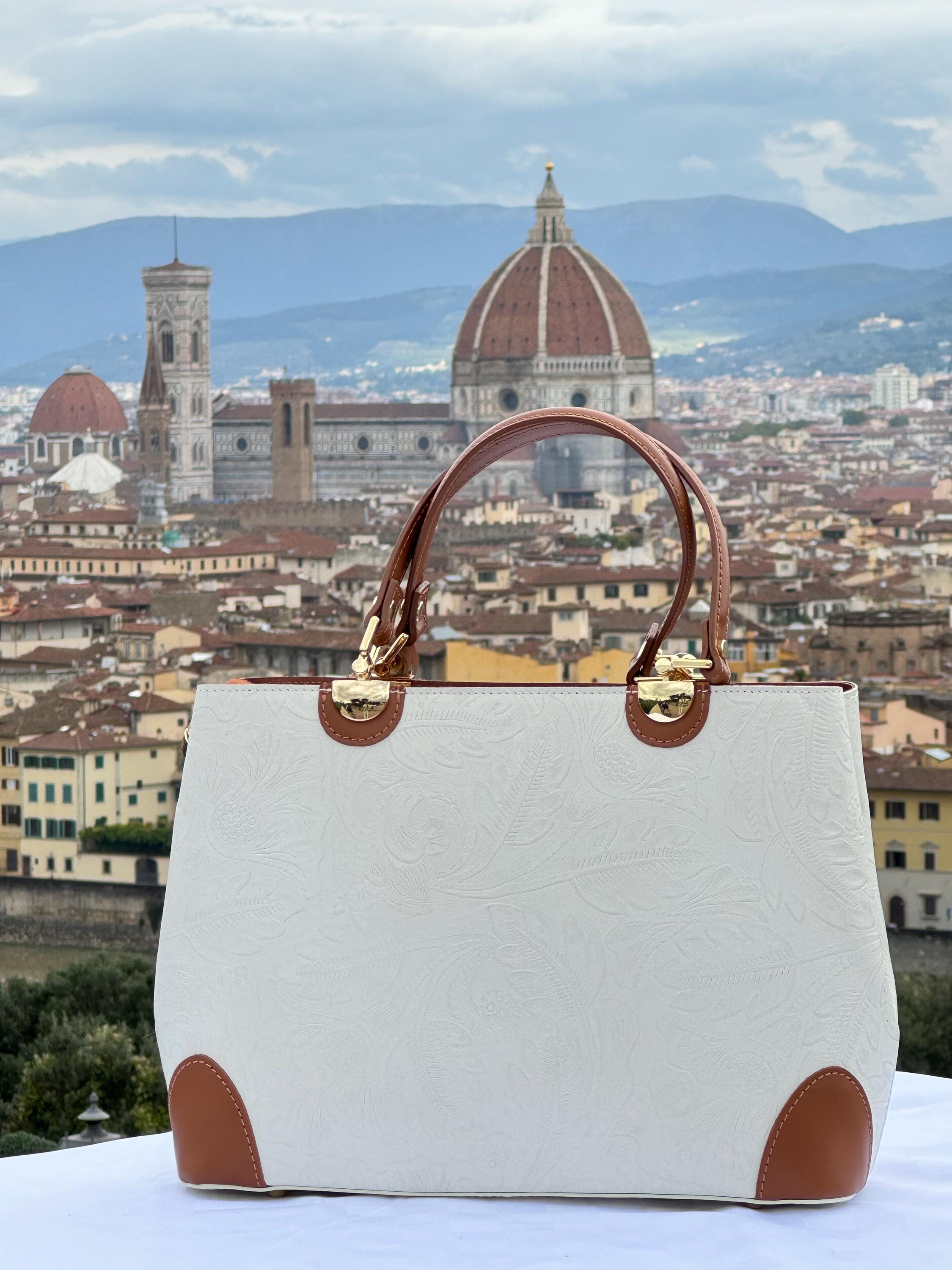 Italian Handmade Leather Bag for Women | Elegant Embossed Tote from Florence | White and Brown Lock Bag | Versatile Crossbody