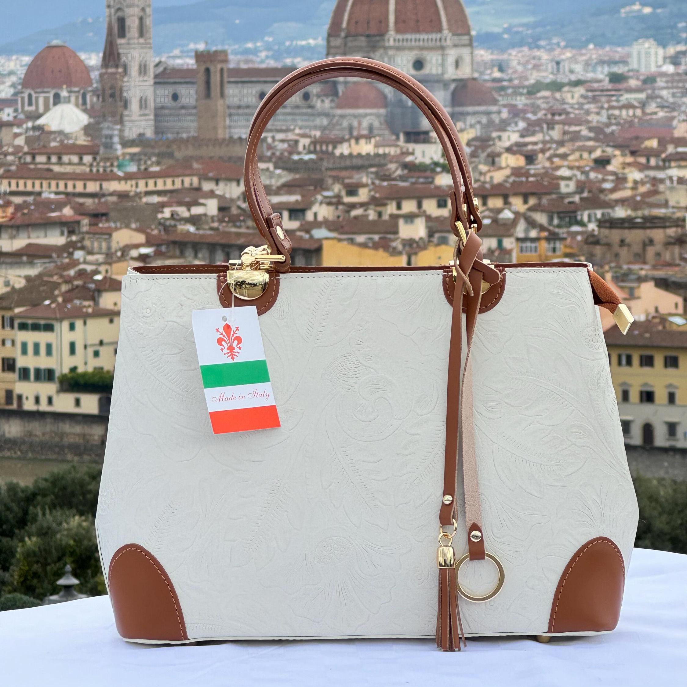 Italian Handmade Leather Bag for Women | Elegant Embossed Tote from Florence | White and Brown Lock Bag | Versatile Crossbody