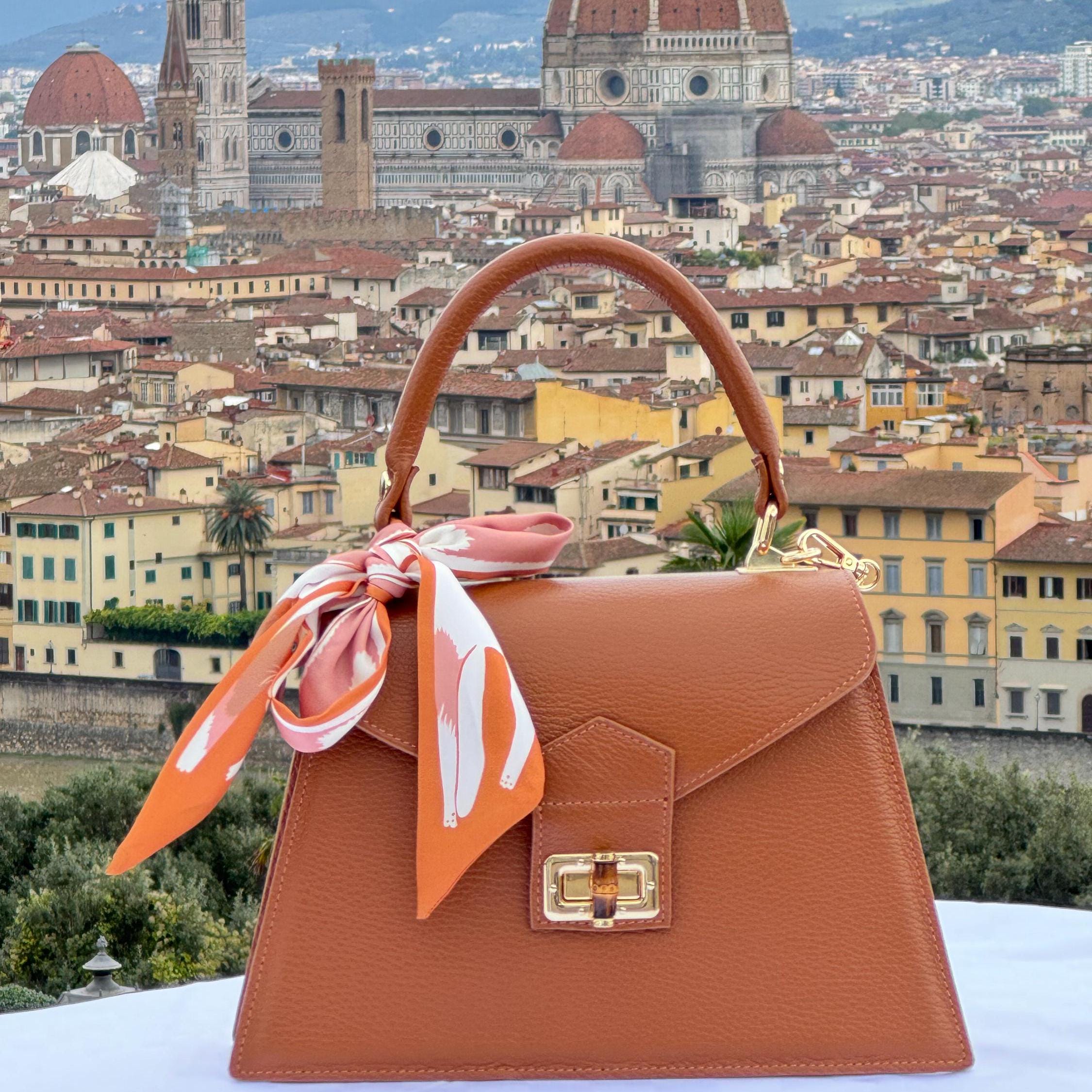 Italian Handmade Leather Bag for Women | Elegant Caramel Leather Tote from Florence | Made in Italy | Top Handle Bag