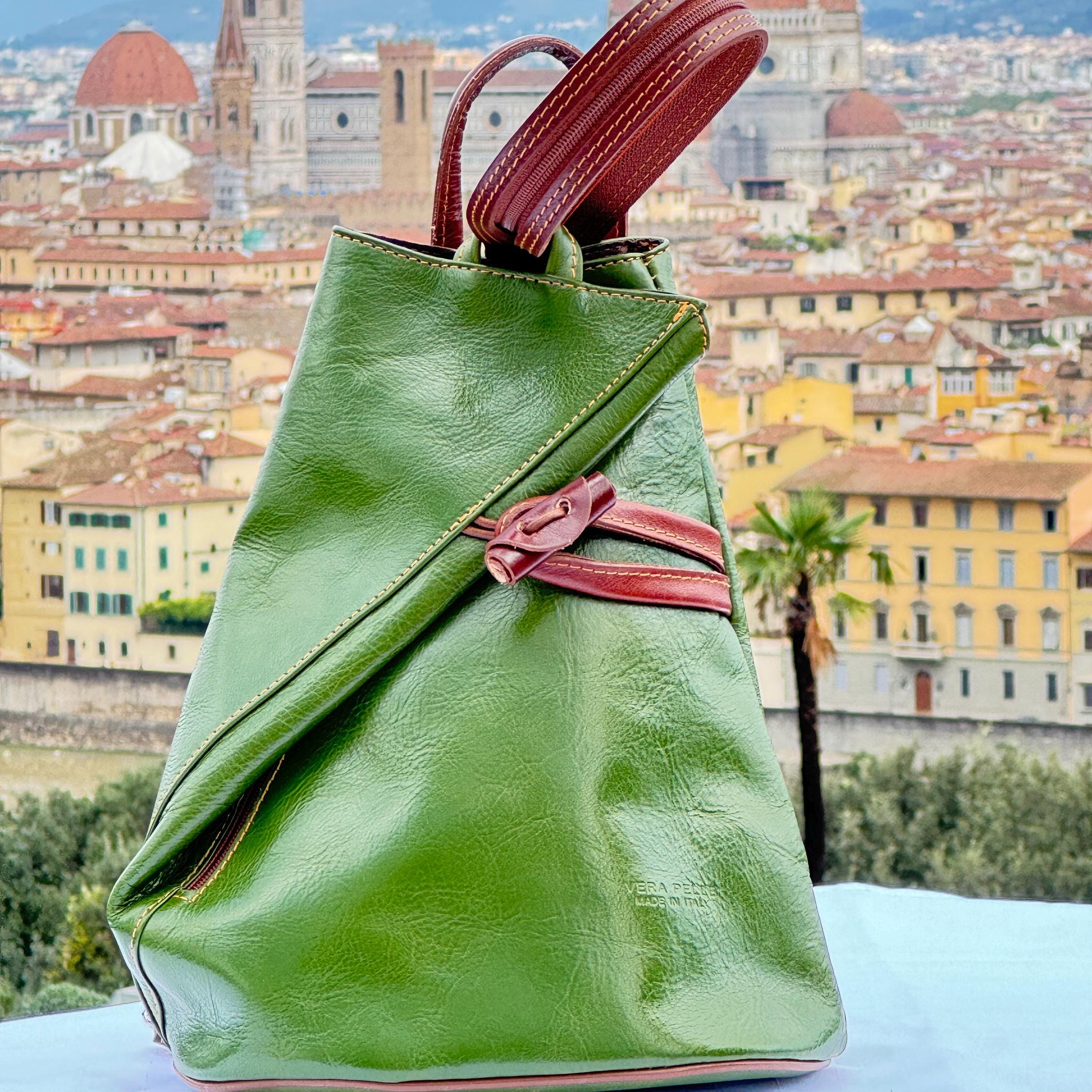 Italian Handmade Leather Bag for Women | Versatile Green Leather Backpack from Florence | Made in Italy