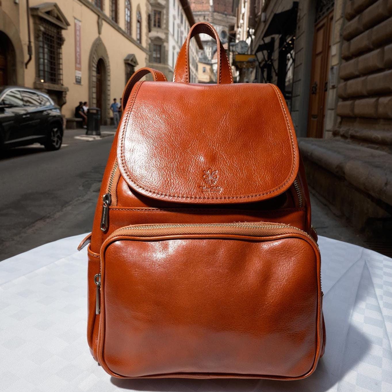 Italian Handmade Cognac Leather Backpack , Elegant and Functional Designer Bag from Florence , Luxury Travel Backpack by ChicMilano