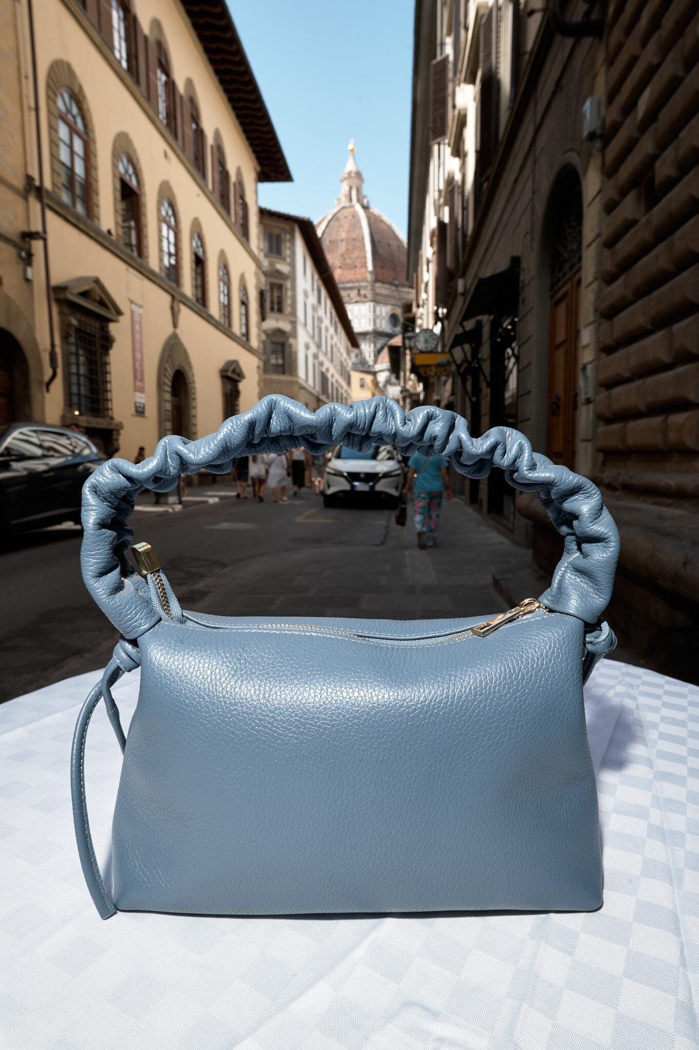 Italian Handmade Sky Blue Leather Handbag , Elegant Ruched Handle Designer Bag from Florence , Chic Fashion Accessory by ChicMilano