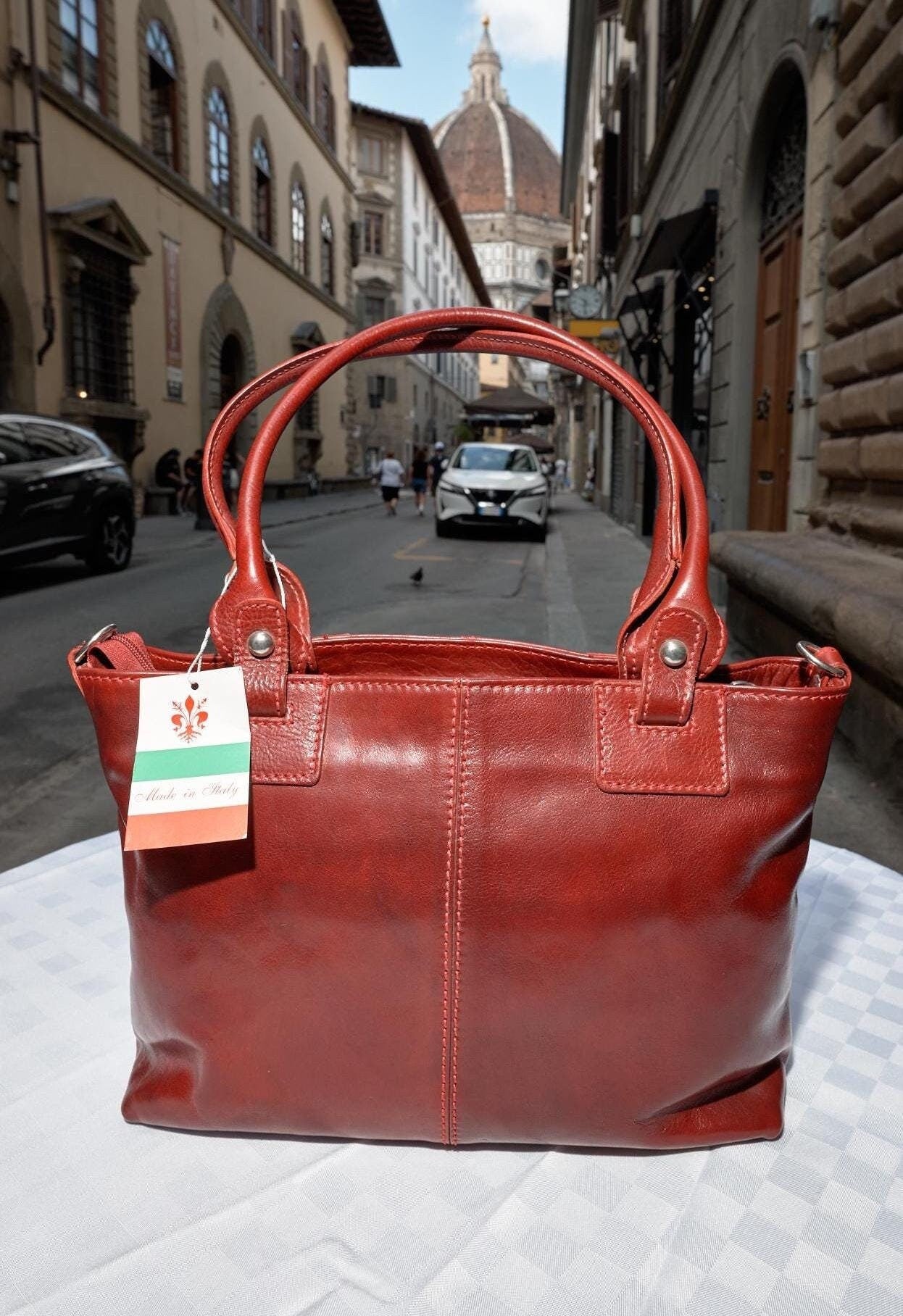 Italian Handmade Red Leather Tote Bag for Women ,Elegant and Spacious Designer Bag from Florence , Premium Everyday Handbag by ChicMilano