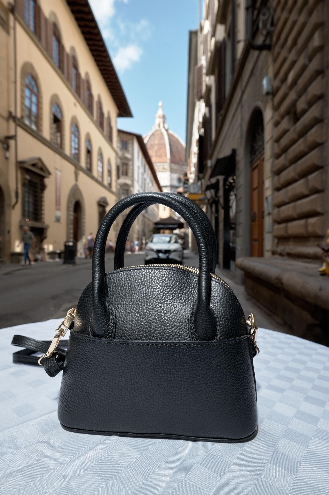 Italian Handmade Black Leather Handbag, Elegant Gold-Accented Tote from Florence, Luxury Handcrafted Italian Fashion Accessory