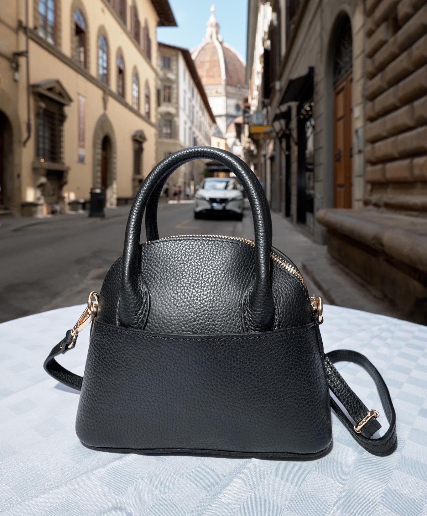 Italian Handmade Black Leather Handbag, Elegant Gold-Accented Tote from Florence, Luxury Handcrafted Italian Fashion Accessory