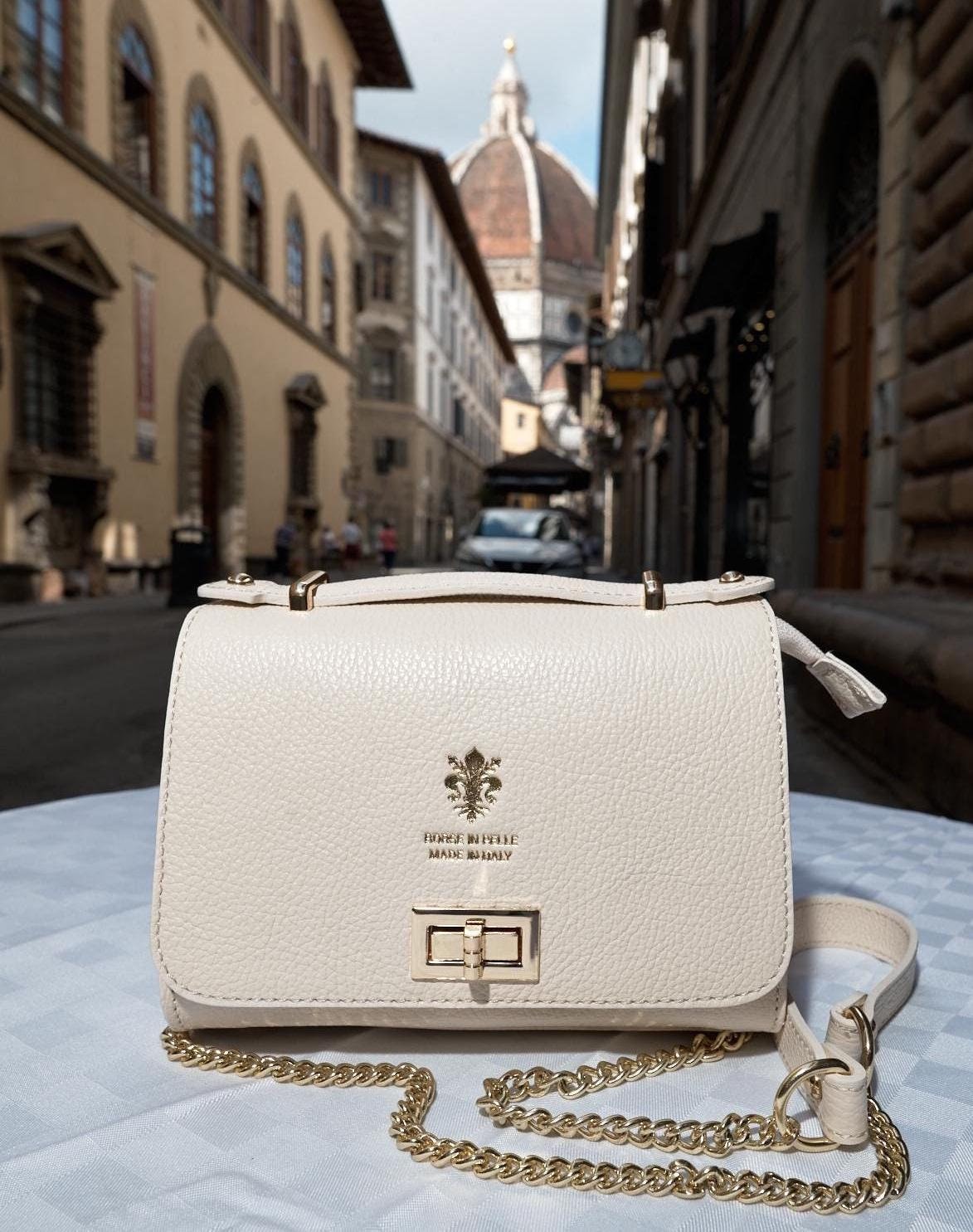 Italian Handmade White Leather Crossbody Bag, Elegant Gold-Accented Shoulder Bag from Florence, Luxury Handcrafted Italian Fashion Accessory