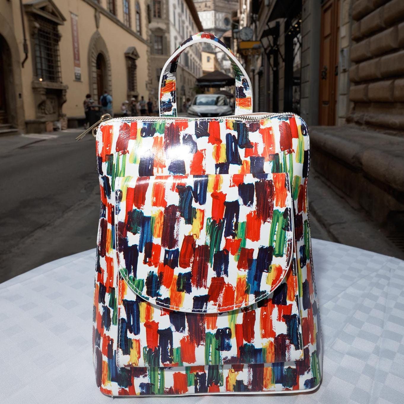 Italian Handmade Leather Backpack for Women , Artistic Multicolor Designer Bag from Florence , Stylish Hand-Painted Fashion Accessory