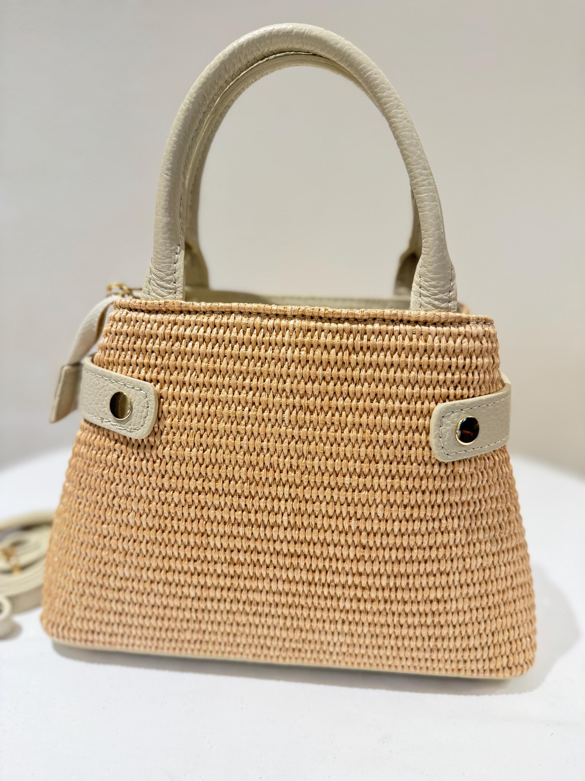 Elegant Italian Handmade Leather and Straw Bag | Stylish Top Handle Tote from Florence | Beige Bag, Made in Italy