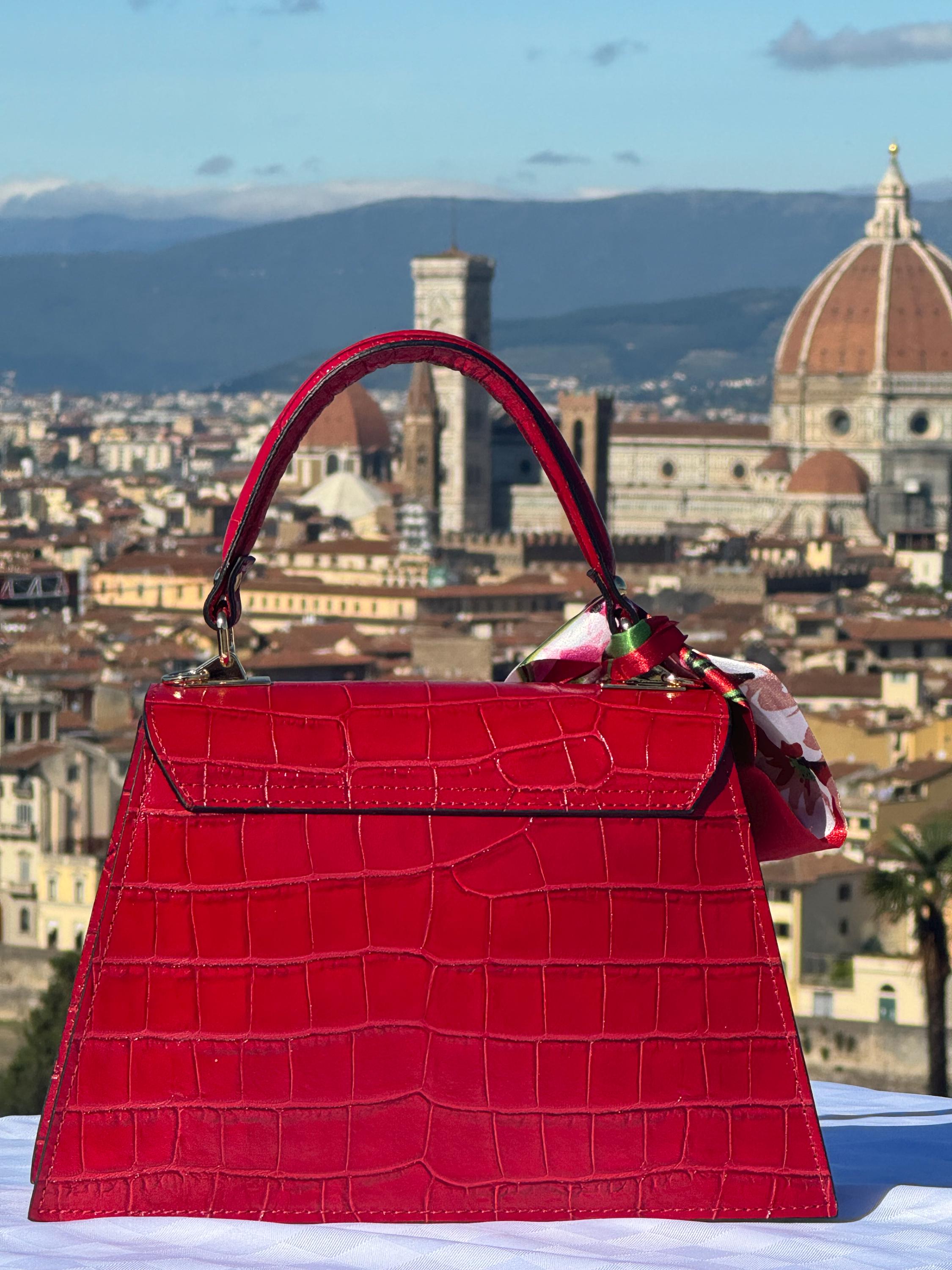 Elegant Italian Red Leather Croc-Embossed Handbag with Floral Scarf – Made in Italy Florence