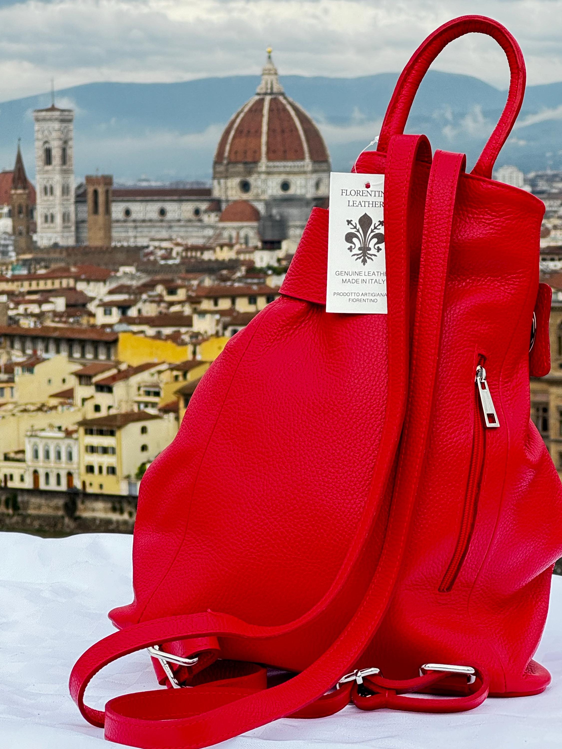 Handmade Italian Red Leather Backpack | Genuine Florentine Leather | Stylish Drawstring Bag for Women