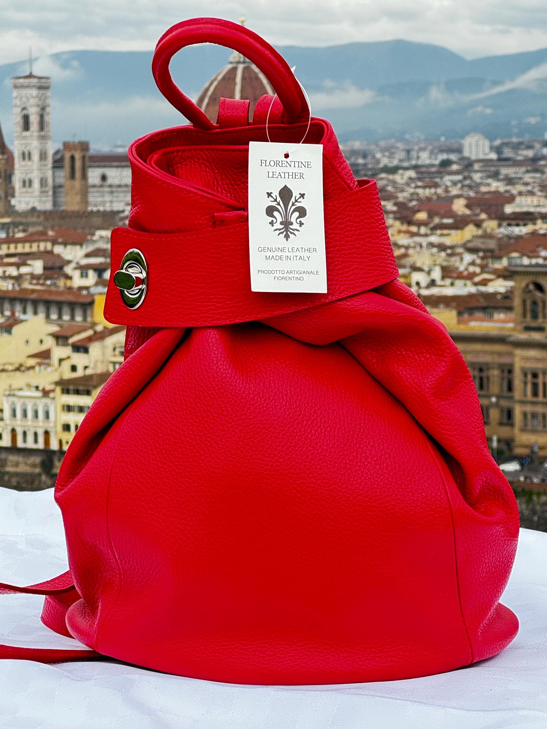 Handmade Italian Red Leather Backpack | Genuine Florentine Leather | Stylish Drawstring Bag for Women