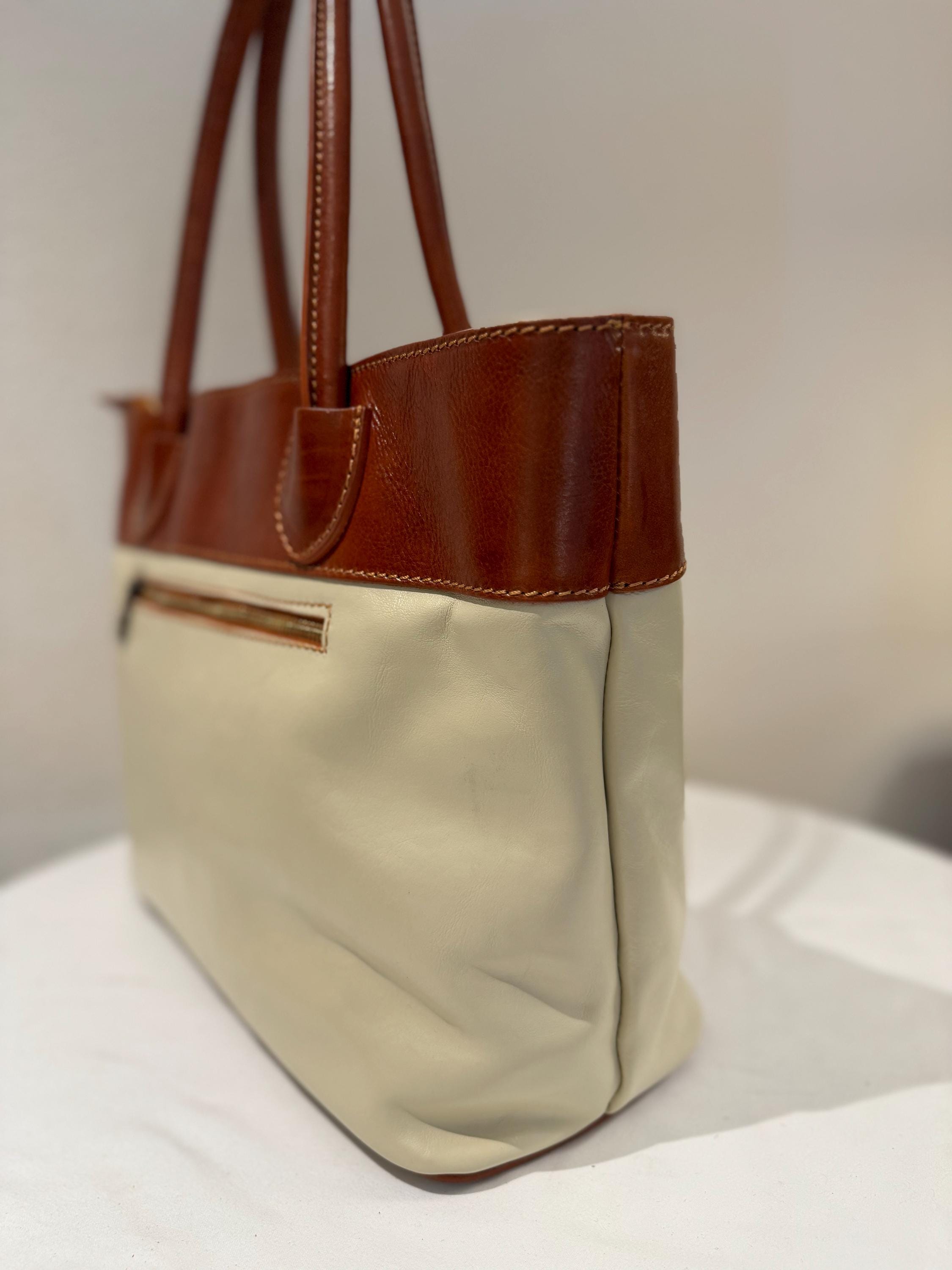 Italian Handmade Leather Bags For Women | Elegant Two-Tone Tote From Florence | Cream and Brown Bag, Made in Italy