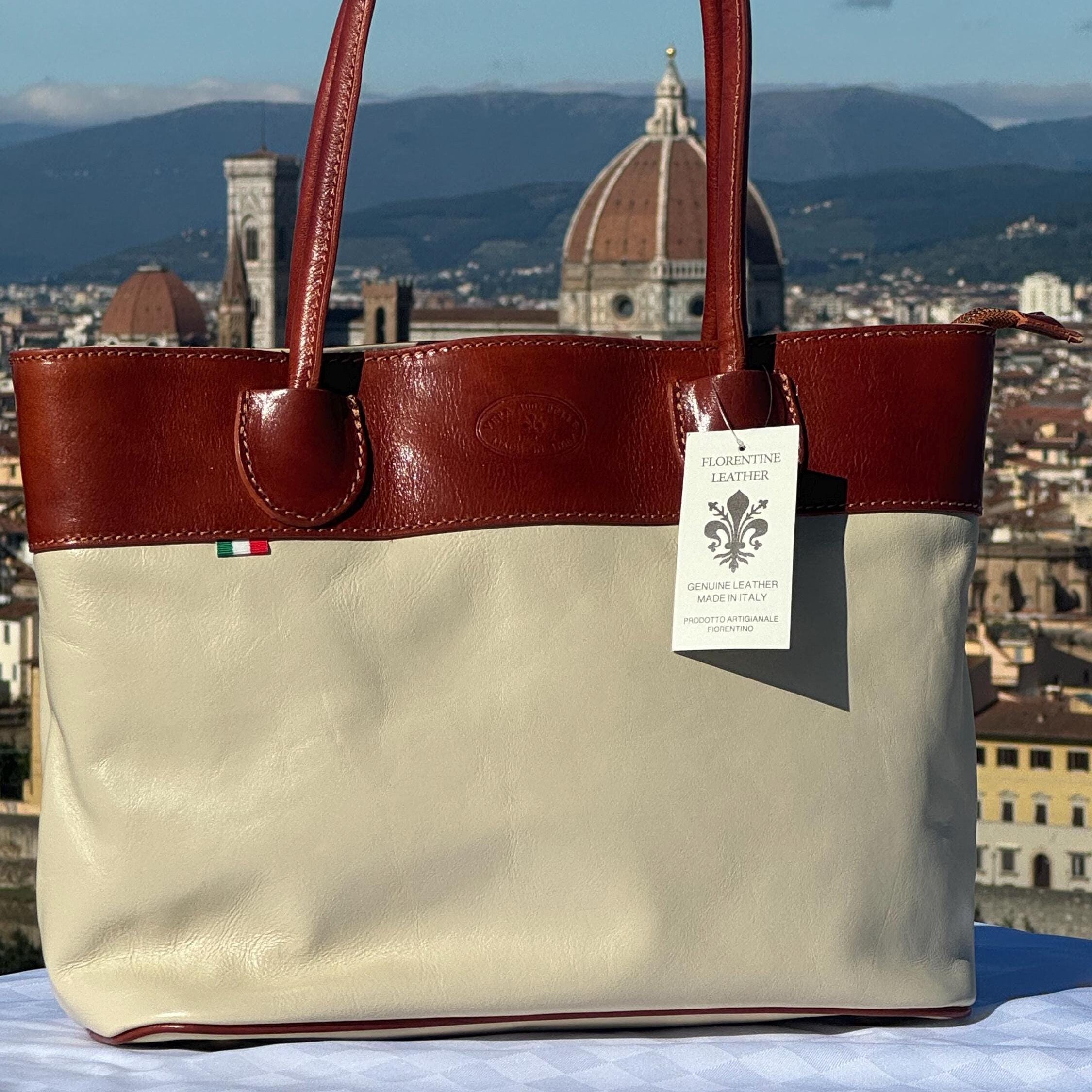 Italian Handmade Leather Bags For Women | Elegant Two-Tone Tote From Florence | Cream and Brown Bag, Made in Italy