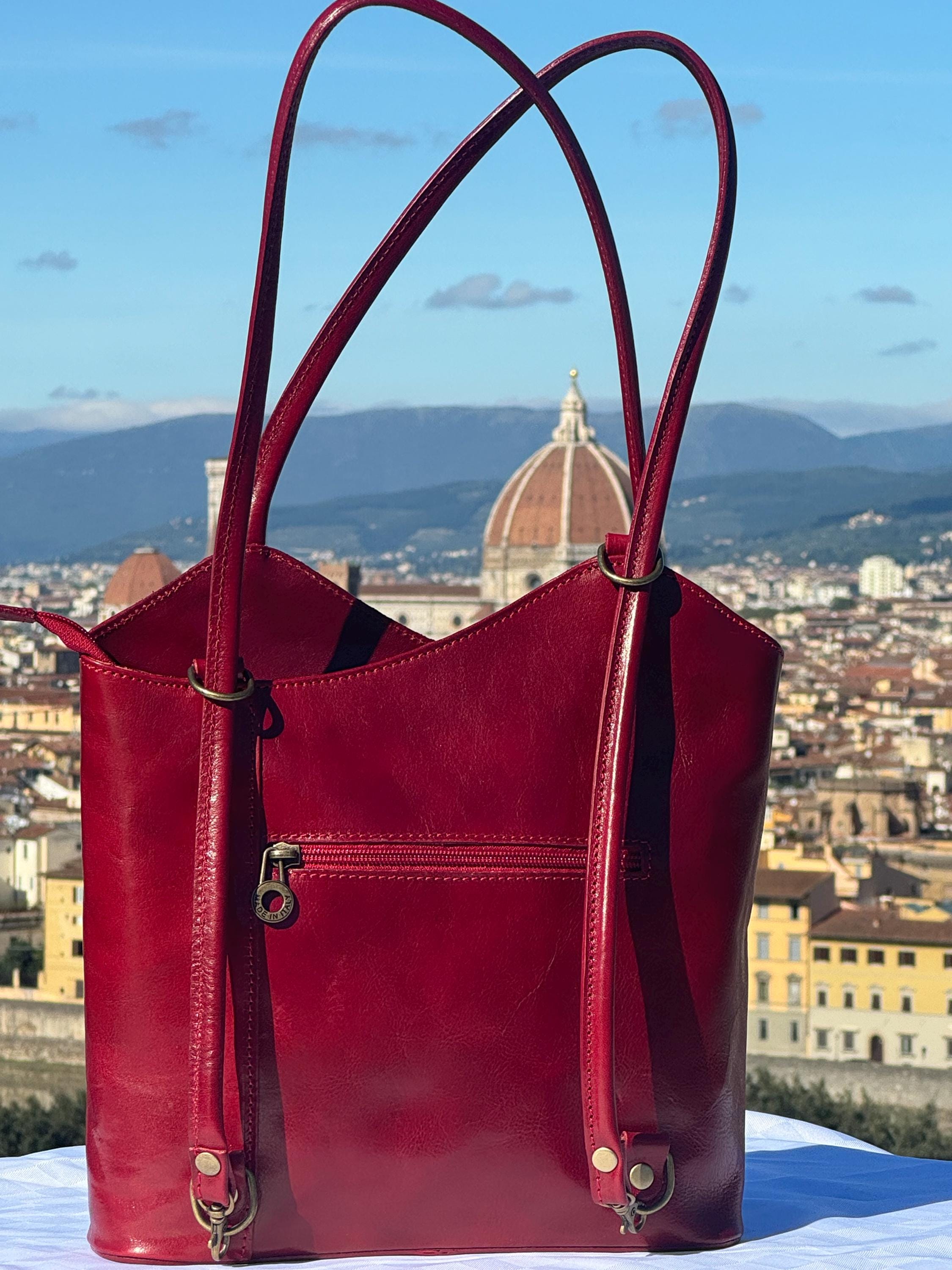 Italian Handmade Leather Bags For Women | Elegant Convertible Backpack & Shoulder Bag | Red Leather Tote from Florence, Made in Italy