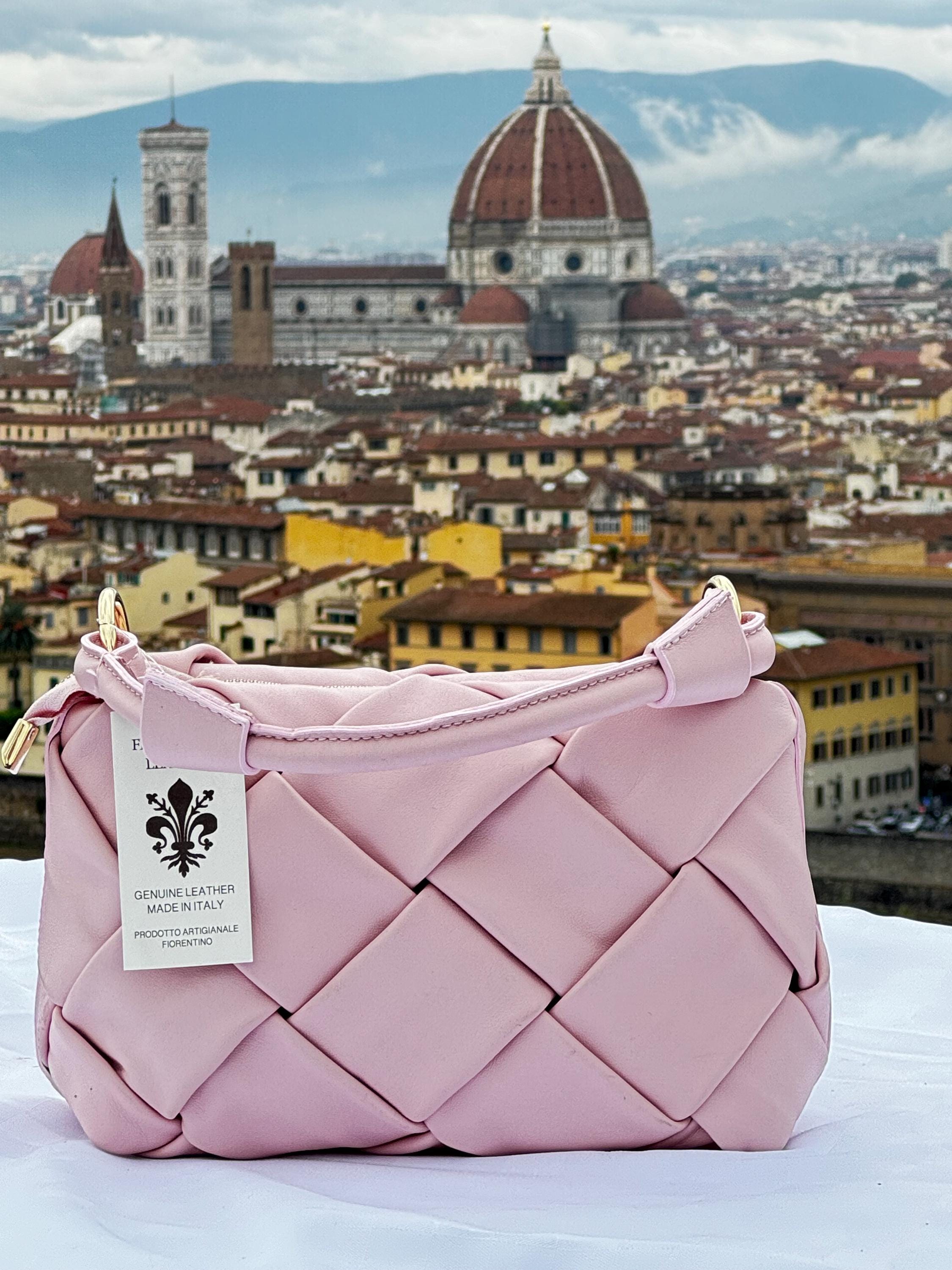 Elegant Italian Soft Leather Pink Woven Bag Women from Florence