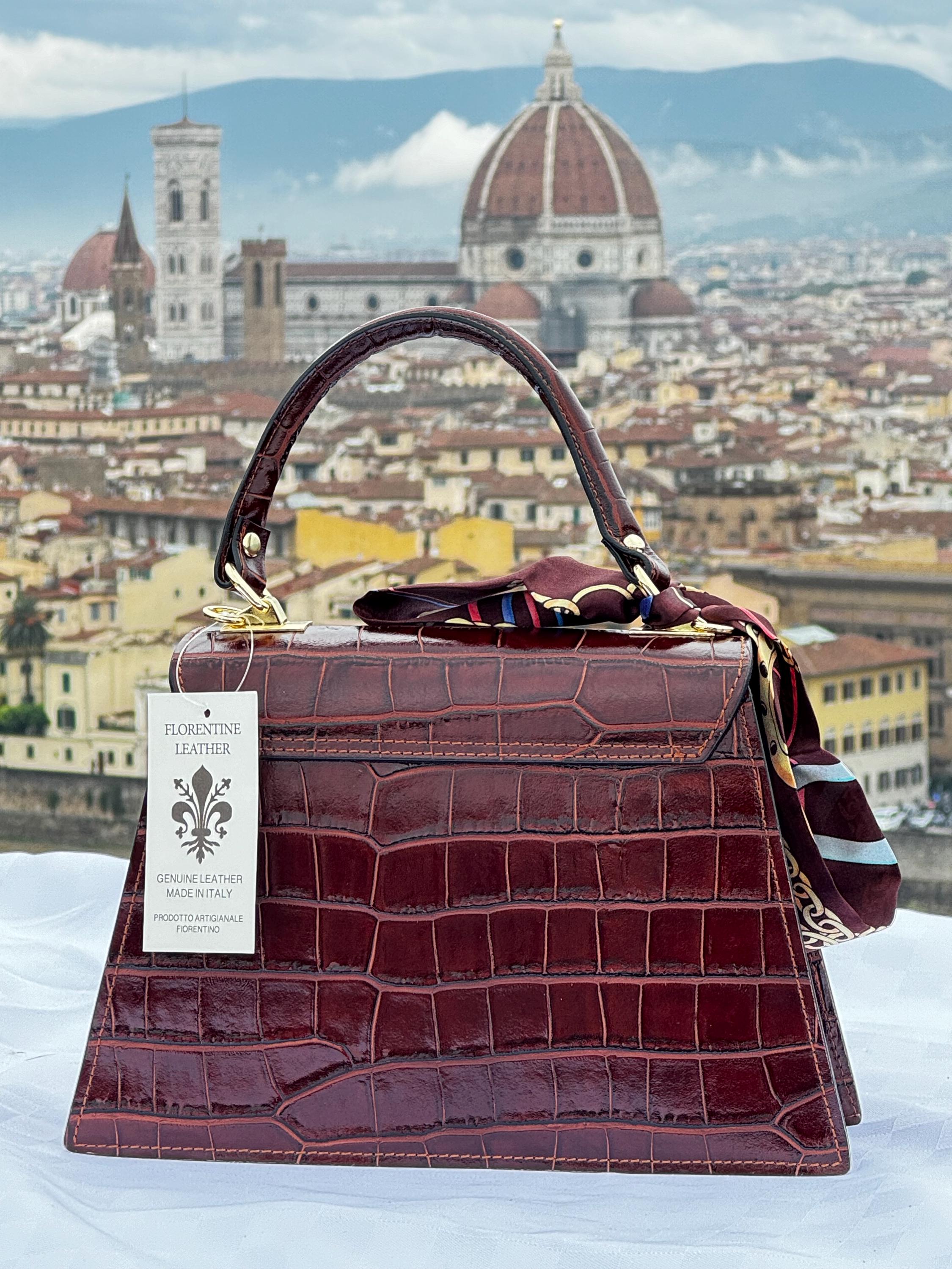 Crocodile Embossed Italian Leather Handbag with Gold Chain - Elegant Brown Purse