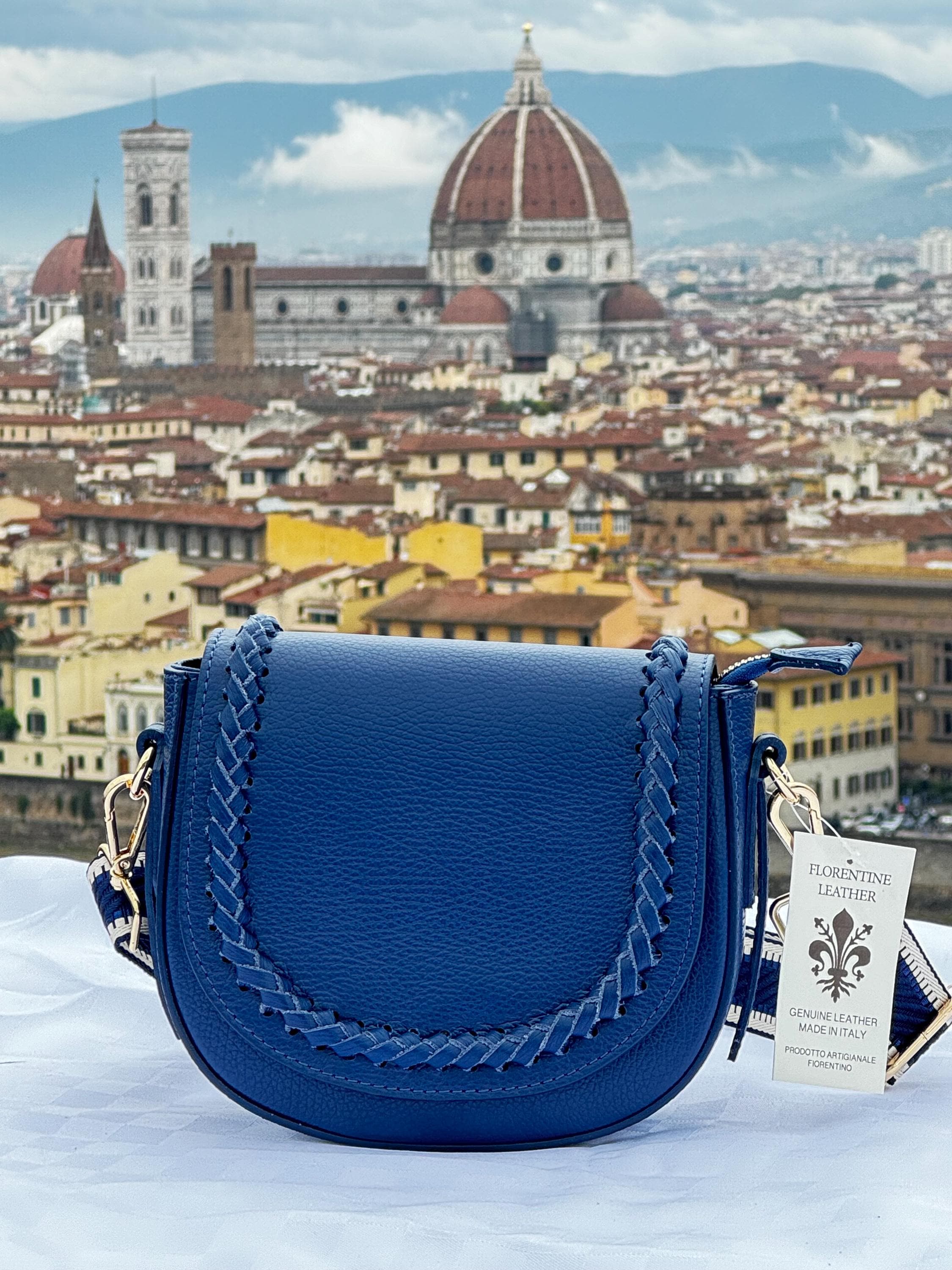 Italian Navy Blue Leather Crossbody Bag - Elegant Woven Detail Shoulder Bag