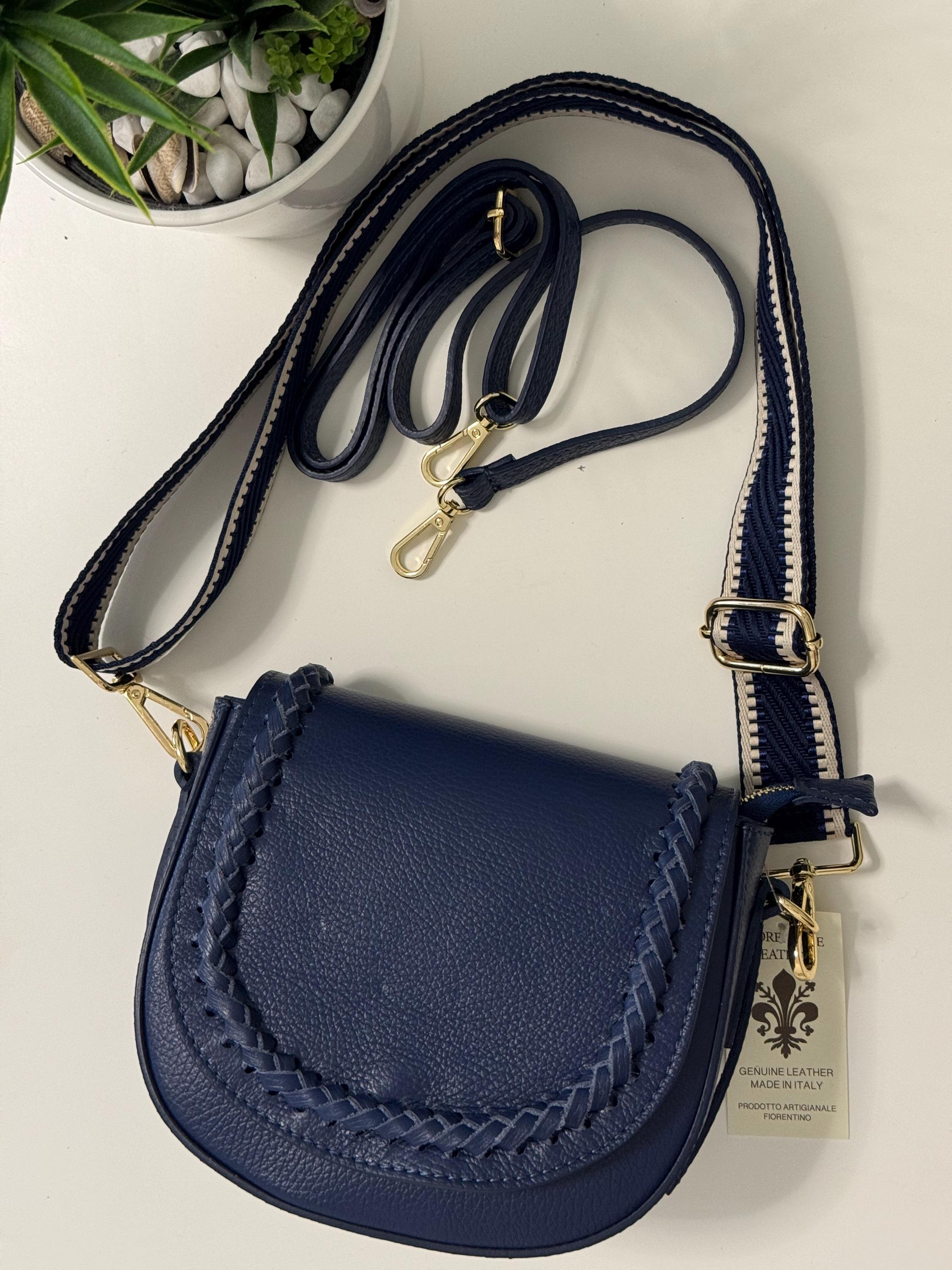 Italian Navy Blue Leather Crossbody Bag - Elegant Woven Detail Shoulder Bag