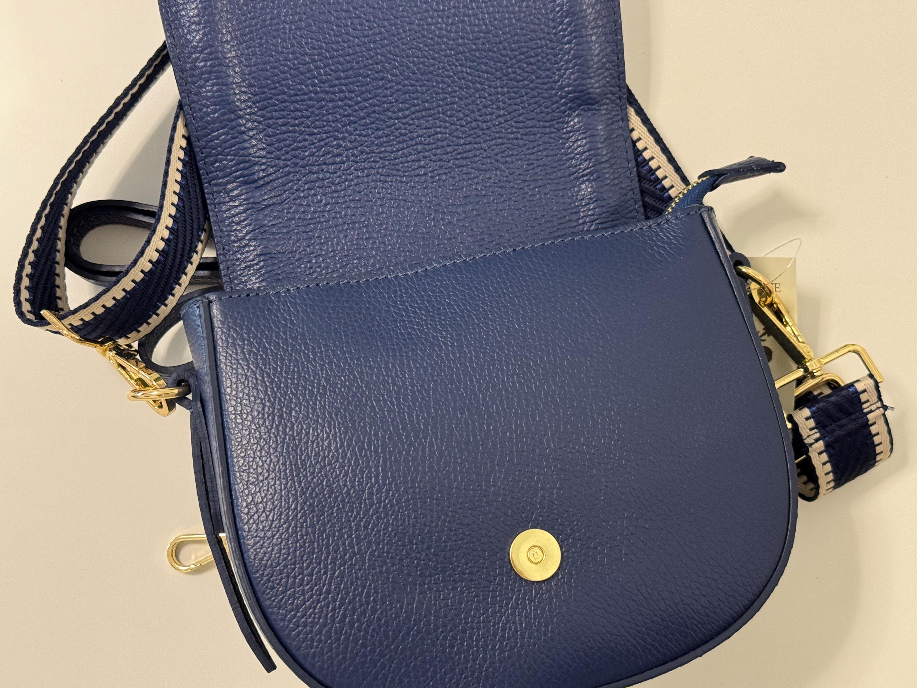 Italian Navy Blue Leather Crossbody Bag - Elegant Woven Detail Shoulder Bag