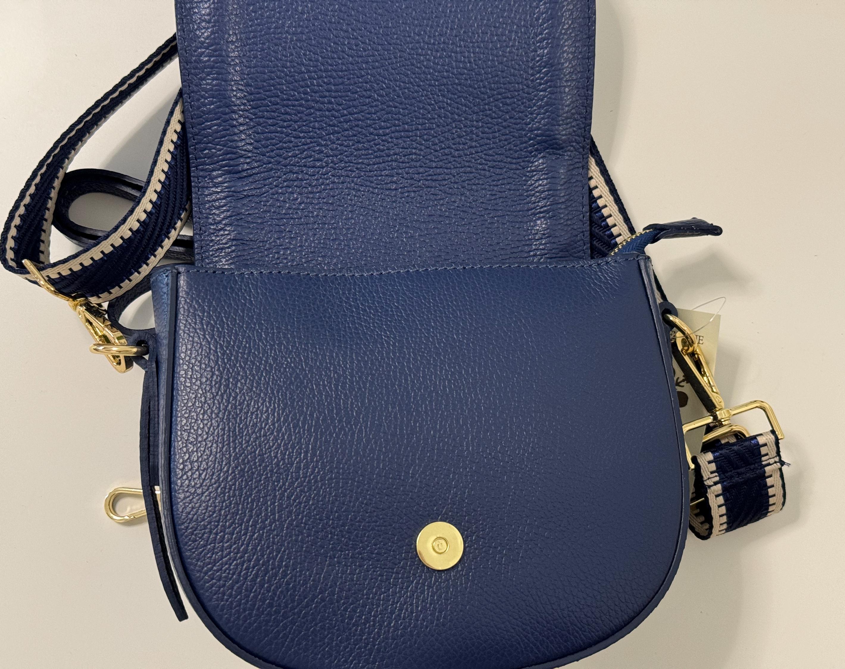 Italian Navy Blue Leather Crossbody Bag - Elegant Woven Detail Shoulder Bag